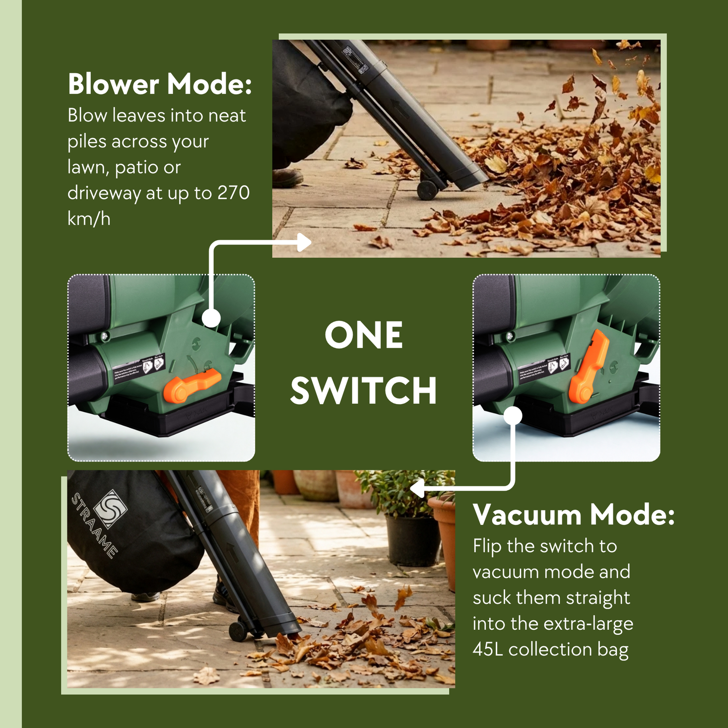 Straame 3-in-1 Leaf Blower and Vacuum 3500W, Garden Vacuum, Blower and Mulcher, Clears Lawns, Patios and Driveways, Extra-Large 45L Collection Bag, 10m Cable, Shoulder Strap and Wheels