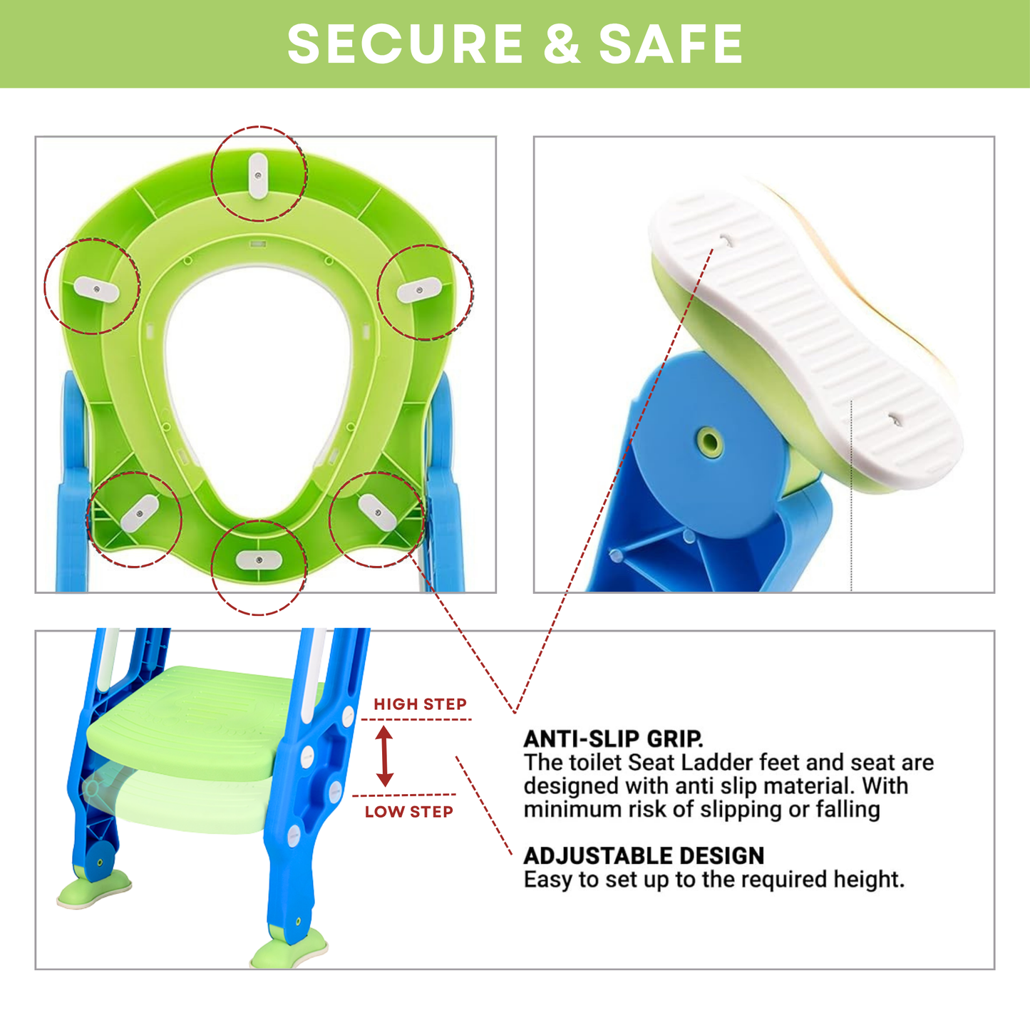 Straame Toddler Toilet Ladder Seat - Adjustable Potty-Training Seat, Soft Cushion Seat and Anti-Slip Steps Design - Easy to Install Portable Children Potty Training Chair (Green-Blue)