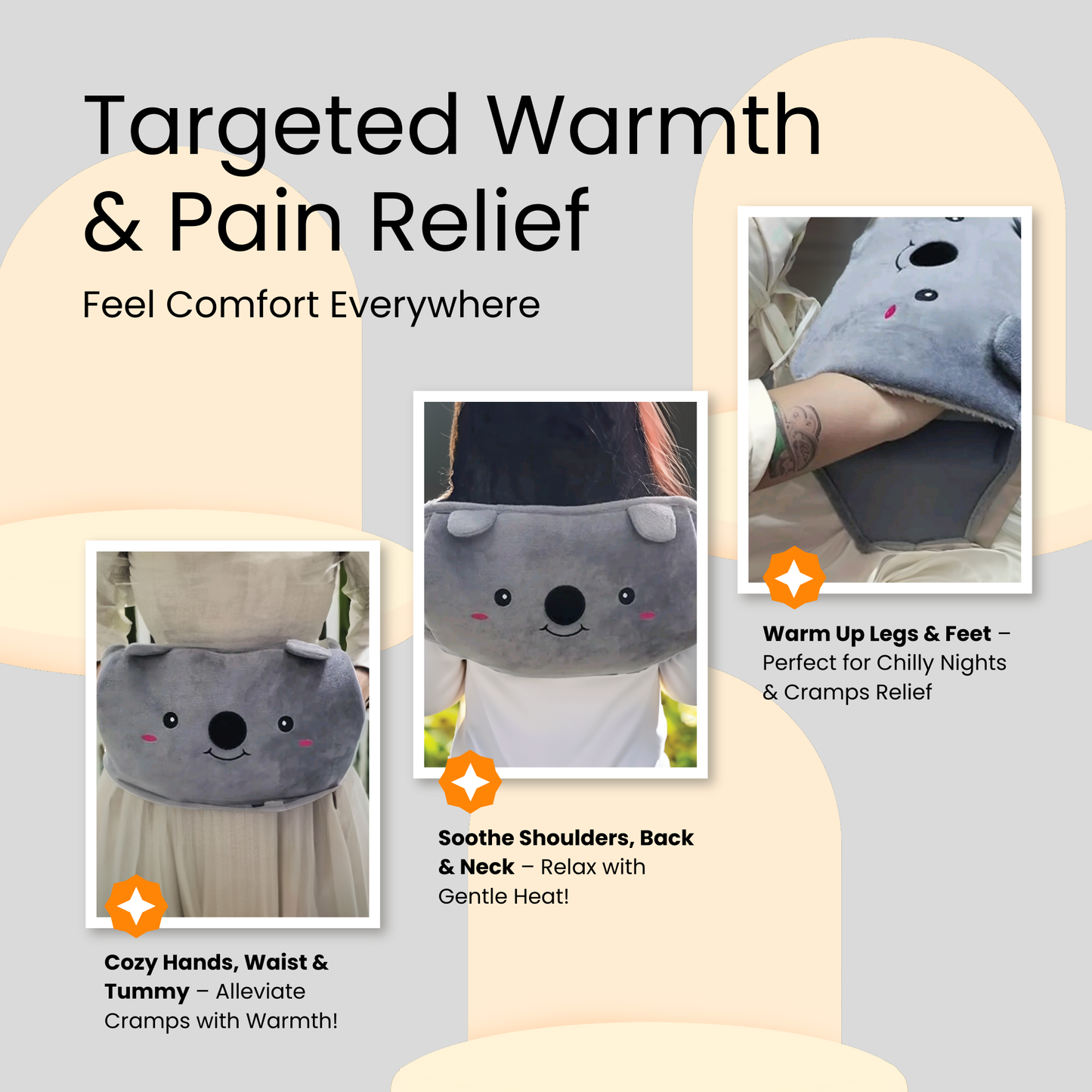 Straame Adjustable Wearable Hot Water Bottle Belt – 1L, 65 inches (165 cm) – Cozy Koala for Period Cramps, Back, Neck & More – Hands-Free Pain Relief – Included Hot Water Bottle, Belt & Cover (Grey)
