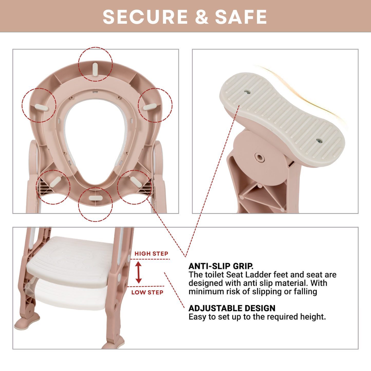Straame Toddler Toilet Ladder Seat - Adjustable Potty-Training Seat, Soft Cushion Seat and Anti-Slip Steps Design - Easy to Install Portable Children Potty Training Chair (White-Pink)