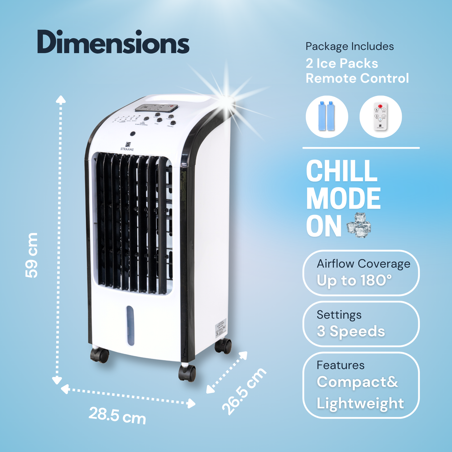 Straame Evaporative Air Cooler with Humidifier, 4L Detachable Tank, Remote Control, 2 Ice Packs, 3 Speeds, 7.5 Hour Timer, Portable Air Cooler for Bedroom, Room Cooler with Auto Swing & Caster Wheels