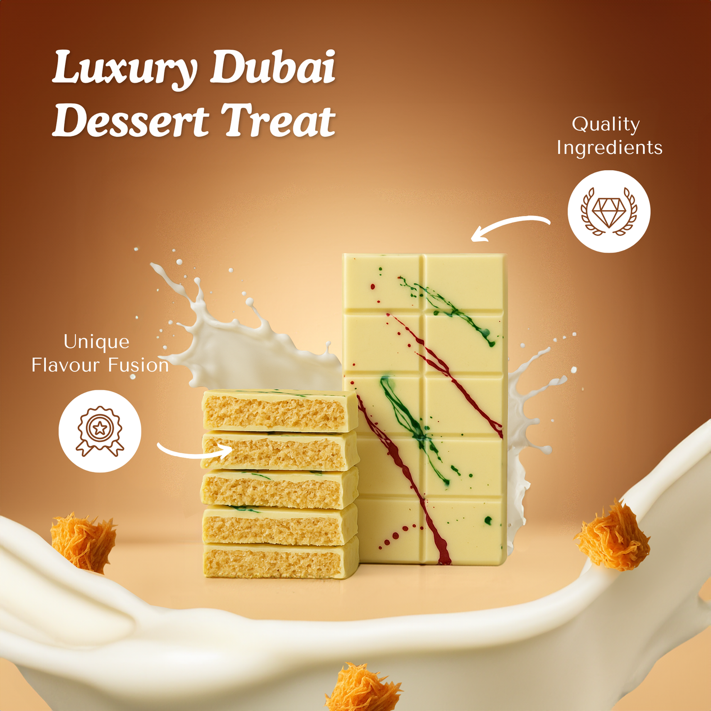 La Damas Dubai Chocolate – White Chocolate Exterior with Crunchy Kunafa & Creamy Bueno Filling | A Luxurious, Melt-in-Your-Mouth Treat & Trending Delight (200g)