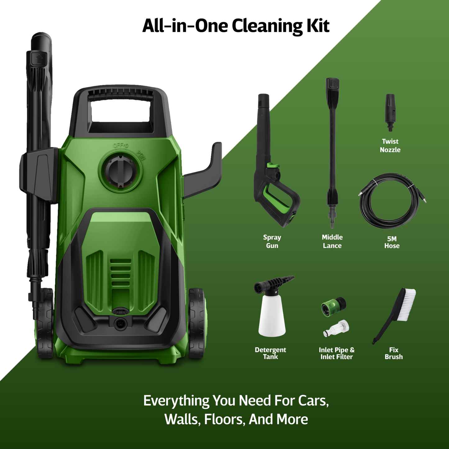 Straame Green 1600W Elite Pressure Washer, 120 Bar Max (80 Bar Rated), 7 L/min, 5 m Hose & Cable, Adjustable Spray Gun, Twist Nozzle, 250 ml Detergent Bottle & Car Brush for Patio, Car & Garden