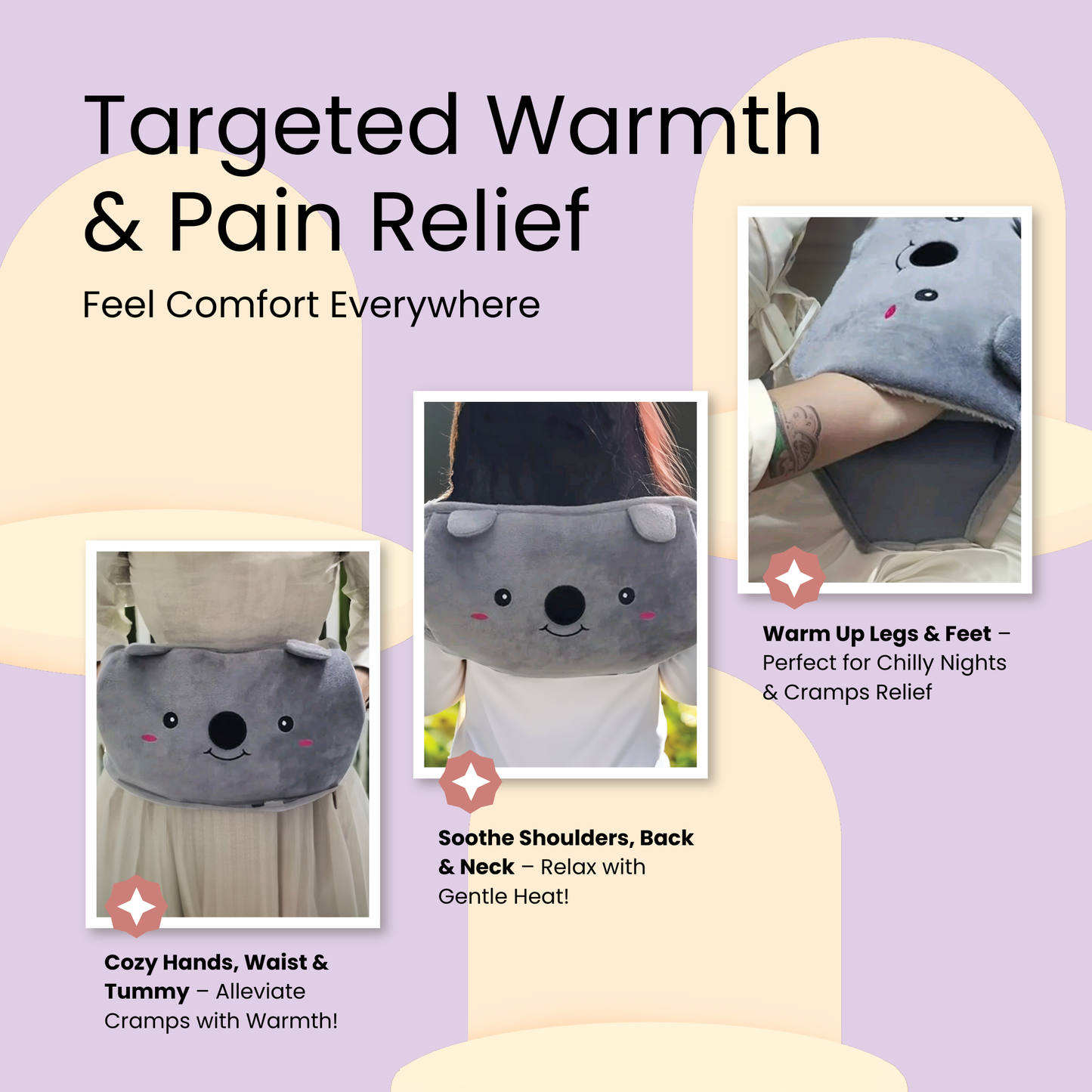 Straame Adjustable Wearable Hot Water Bottle Belt – 1L, 65 inches (165 cm) – Cozy Koala for Period Cramps, Back, Neck & More – Hands-Free Pain Relief – Included Hot Water Bottle, Belt & Cover (Purple)