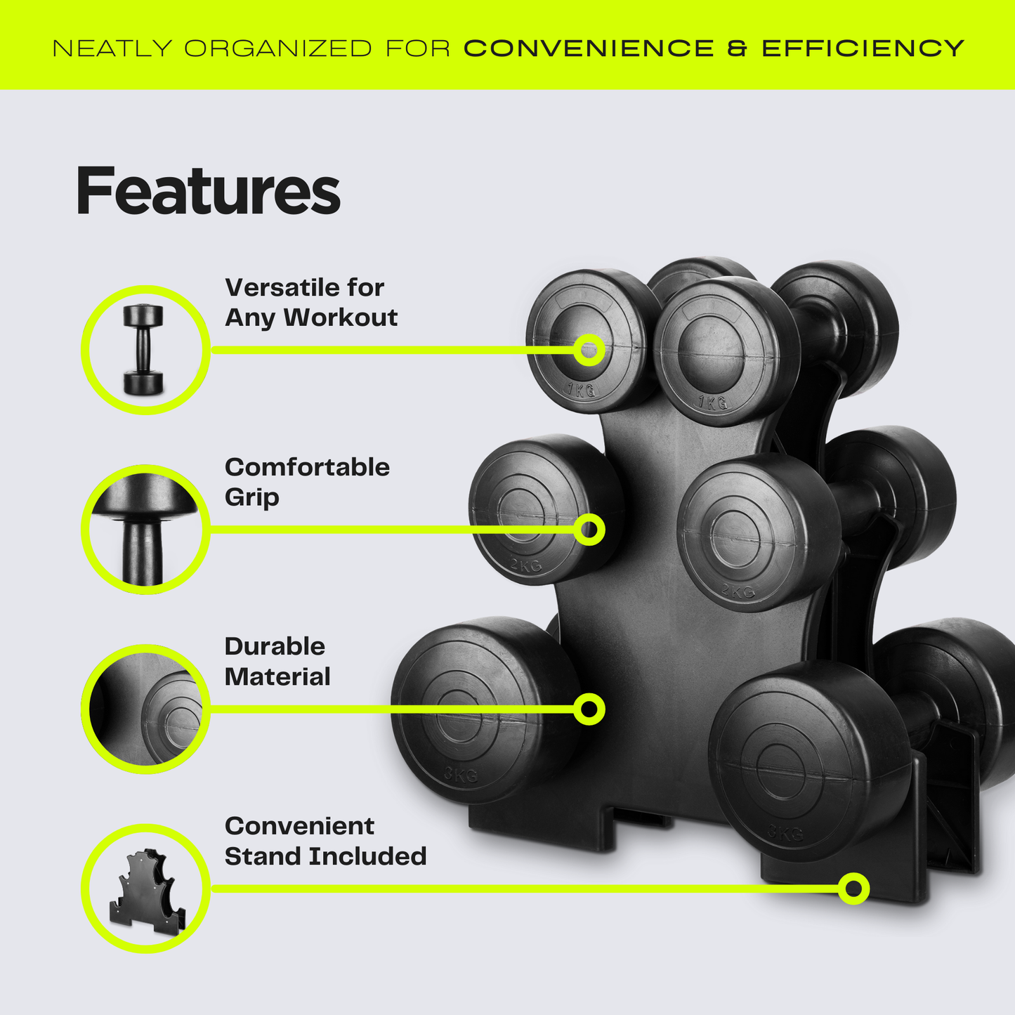 Straame Dumbbell Set with carry Rack - Hand Weights for Men & Women - 1kg, 2kg, 3kg Tree Set for Home Workout, Strength Training & Fitness – Durable, Easy to Use
