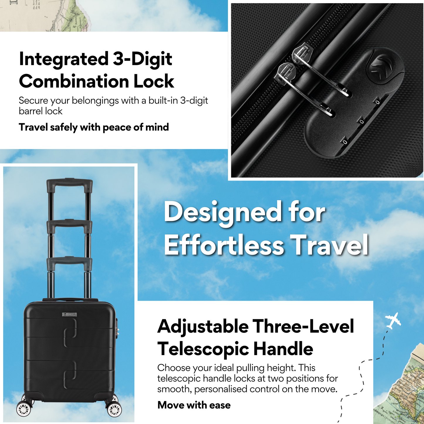 WORLD EXPLORER Cabin Suitcase ABS Hard Shell 360° Spinner Wheels & Com-bination Lock Lightweight 30L Underseat Cabin Luggage and Suitcase EasyJet Per-sonal Item Travel Bag (Black, 45x35x20 CM)
