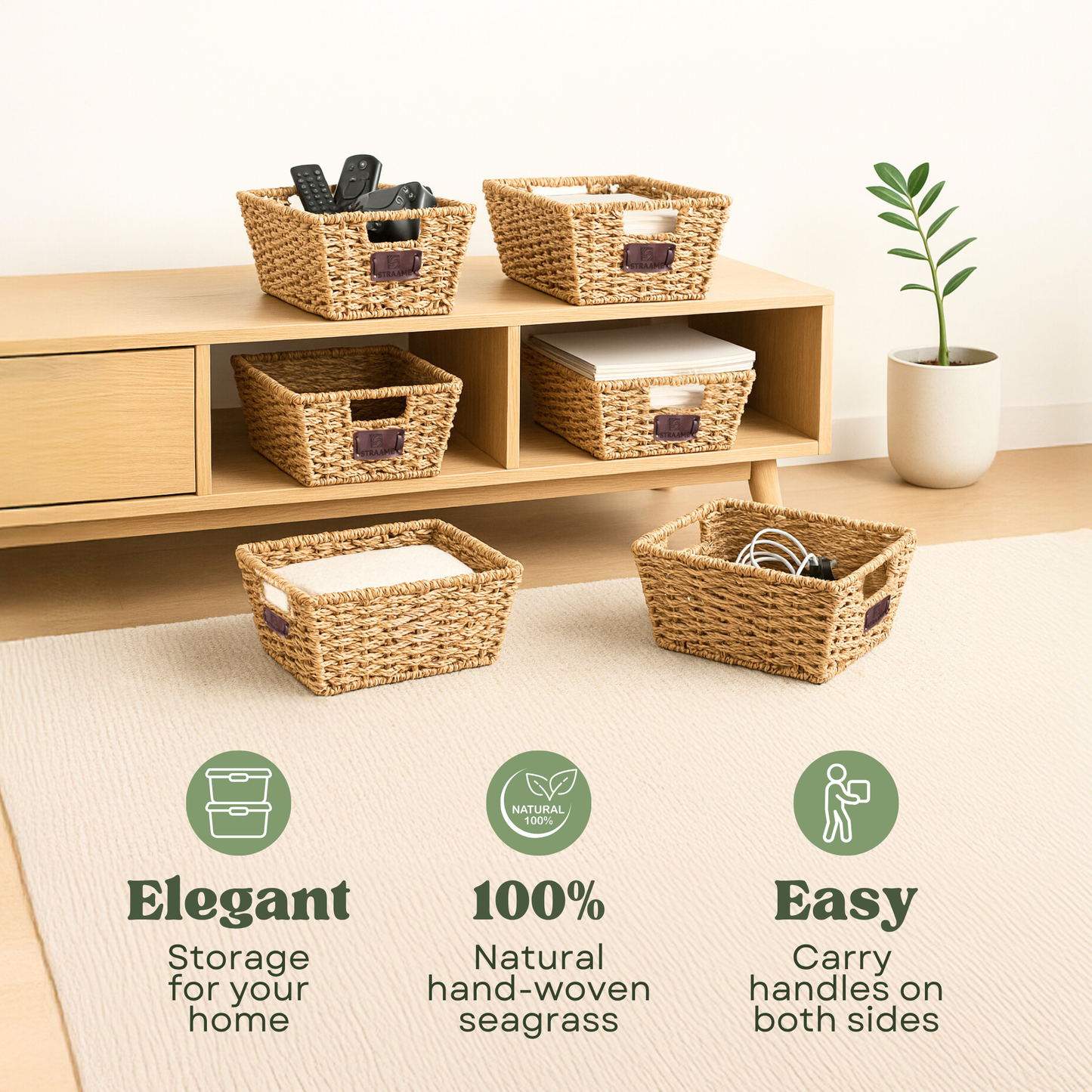 Straame Seagrass Storage Baskets Set of 4 - Handwoven Wicker Organisers with Handles, Steel-Reinforced Frame, Nesting Design - 30 x 22 x 15 cm, Natural seagrass material for Shelves, Bathroom and Home