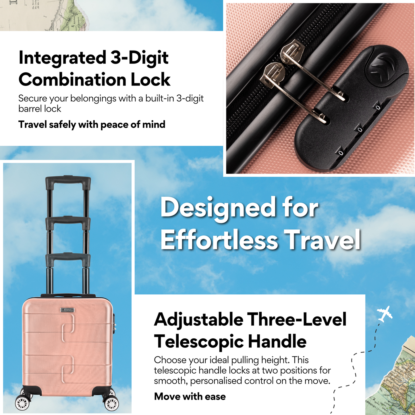 WORLD EXPLORER Cabin Suitcase ABS Hard Shell 360° Spinner Wheels & Com-bination Lock Lightweight 30L Underseat Cabin Luggage and Suitcase EasyJet Per-sonal Item Travel Bag (Rose Gold, 45x35x20 CM)