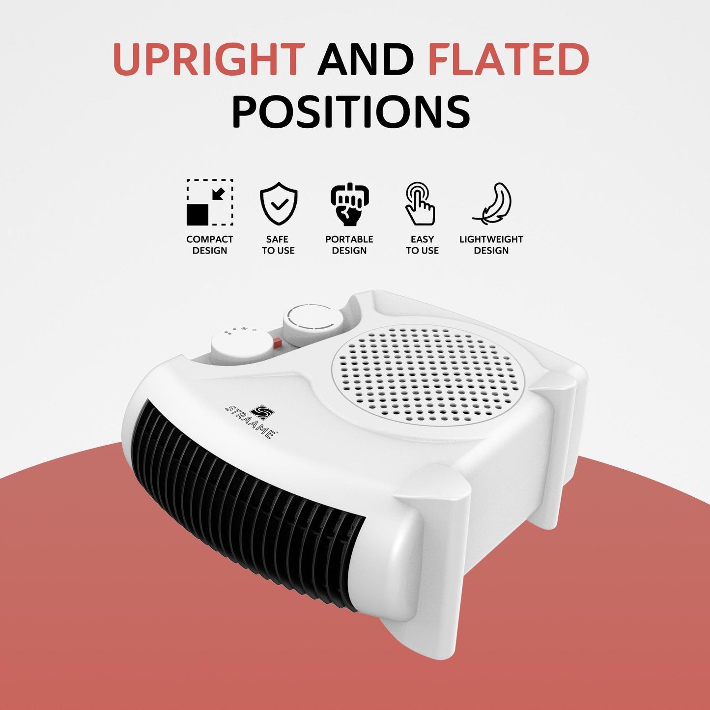 Straame Portable Fan Heater with Variable Thermostat, 2 Heat Settings & Fan Mode Room Electric Heater, Easy to Use, Compact Design with Carry Handle Heater