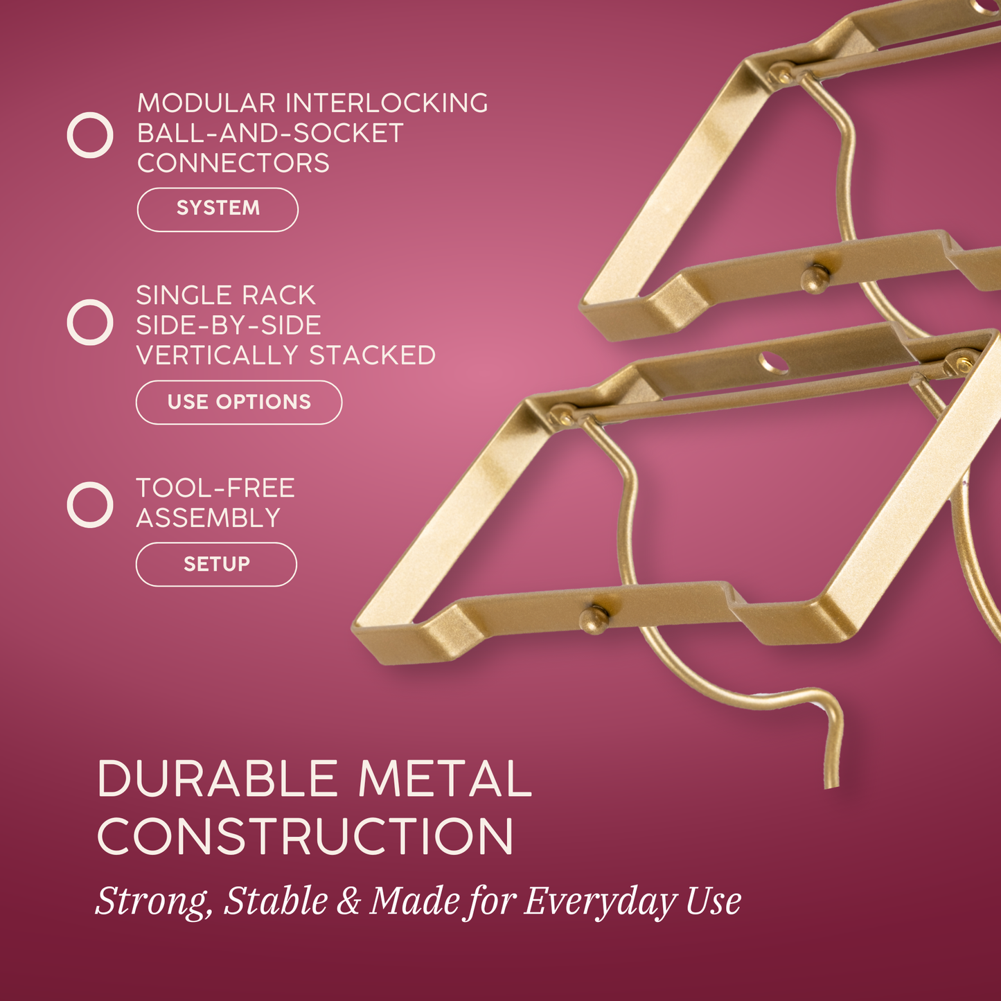 Straame 3 Tier Metal Wine Rack – Stackable Bottle Rack for Wine Storage – Wine Racks Free Standing Organiser for Countertop, Shelf or Cupboard – Modular Wire Rack Holder – Modern Design (Gold)