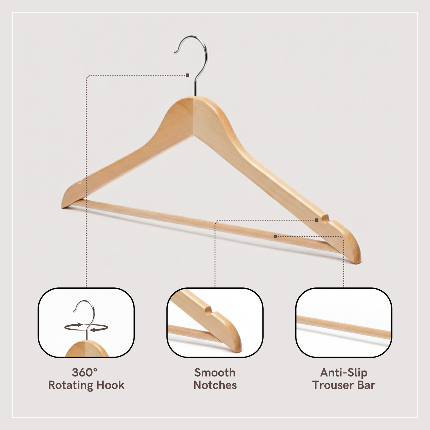 Straame Home | Strong Brown Wooden Coat Hangers |Made with Natural Wood and Non-Slip Trouser bar | Extra Smooth Finish | Strong Shoulder Notches | Pack of 20