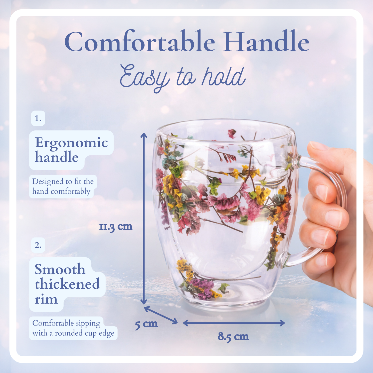 Straame Dried Flower Glass Coffee Mugs Pack of 2, 350 ml Floral Double Walled Glass Mugs with Handle, Double Wall Glass Tea Cups, Insulated Flower Mug, Double Walled Coffee Mug for Hot & Cold Drinks