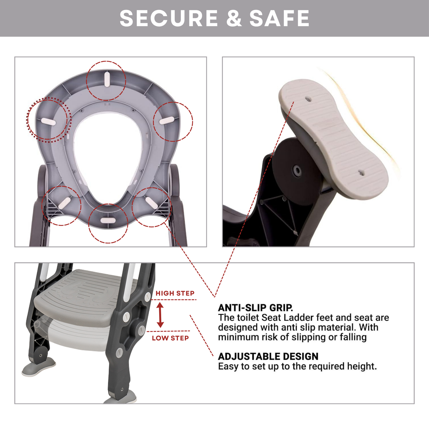 Straame Toddler Toilet Ladder Seat - Adjustable Potty-Training Seat, Soft Cushion Seat and Anti-Slip Steps Design - Easy to Install Portable Children Potty Training Chair (Grey-White)