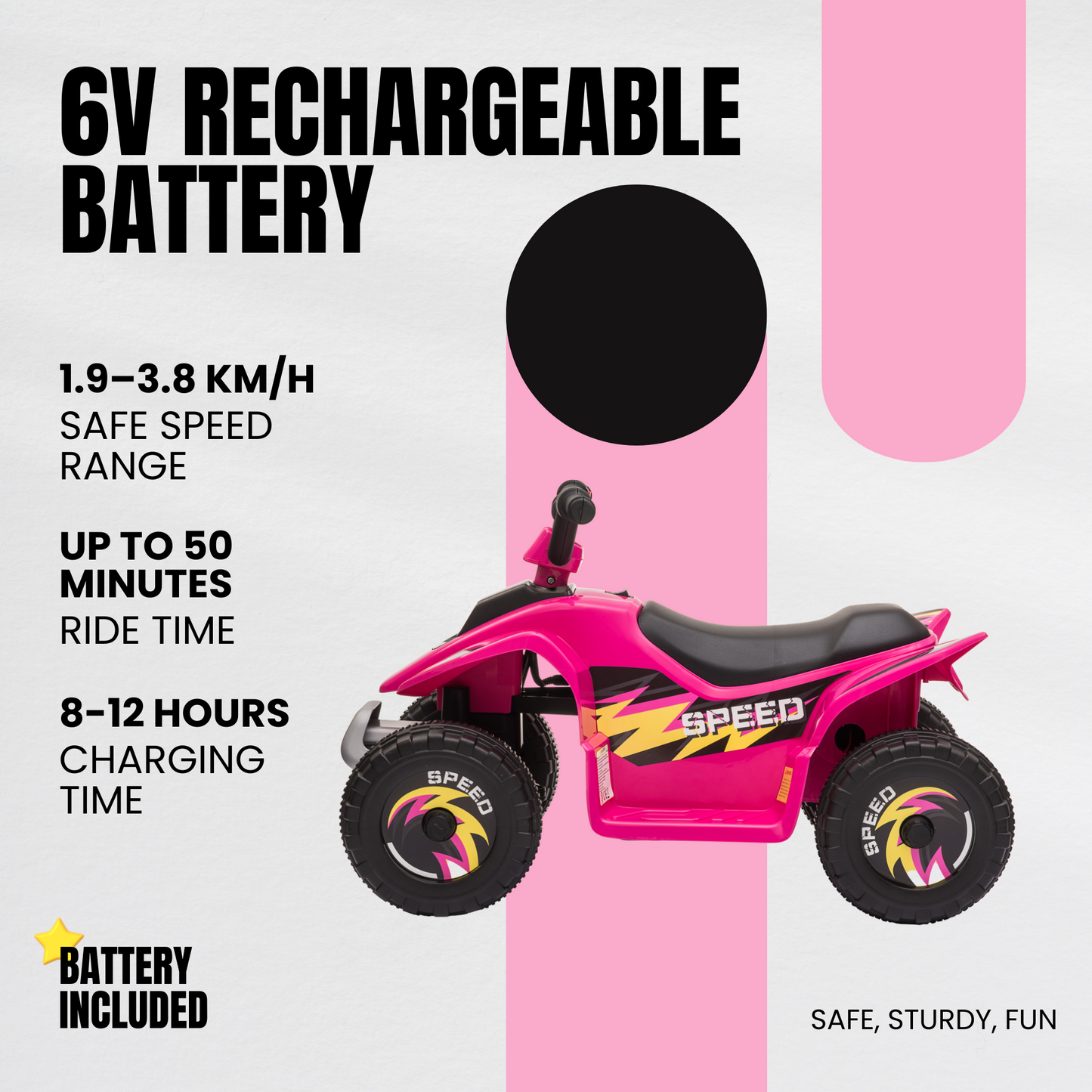 Straame 6V Electric Ride-On Quad Bike for Toddlers – ATV for Ages 18–36 Months, For-ward/Reverse, 4-Wheel Design, 1.9–3.8 km/h Speed, 72×40×45.5 cm - Pink