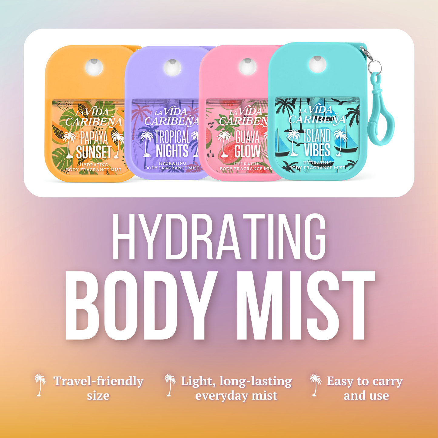 La Vida Caribeña Hydrating Body Mist 4-Pack Gift Set – Travel Size 35 ml Each – Papaya Sunset, Guava Glow, Island vibe & Tropical Nights | Fine Fragrance Mists, Light Long-Lasting Spray, Gift-Ready