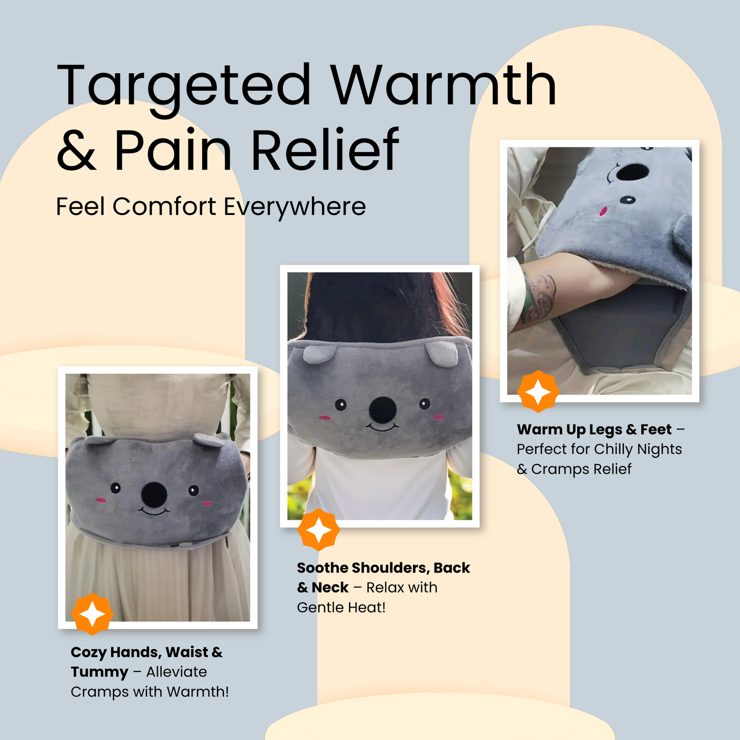 Straame Adjustable Wearable Hot Water Bottle Belt – 1L, 65 inches (165 cm) – Cozy Koala for Period Cramps, Back, Neck & More – Hands-Free Pain Relief – Included Hot Water Bottle, Belt & Cover (Blue)