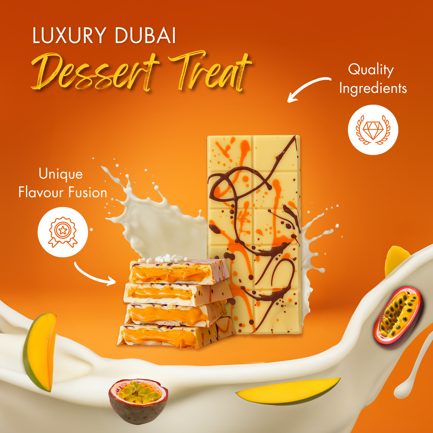 Le Damas Dubai Chocolate Mango Passion Summer Edition Gift Idea: White Chocolate Shell with Mango and Passion Fruit Filling and Poppy Candy, Luxurious Melt in Your Mouth Treat (200g)