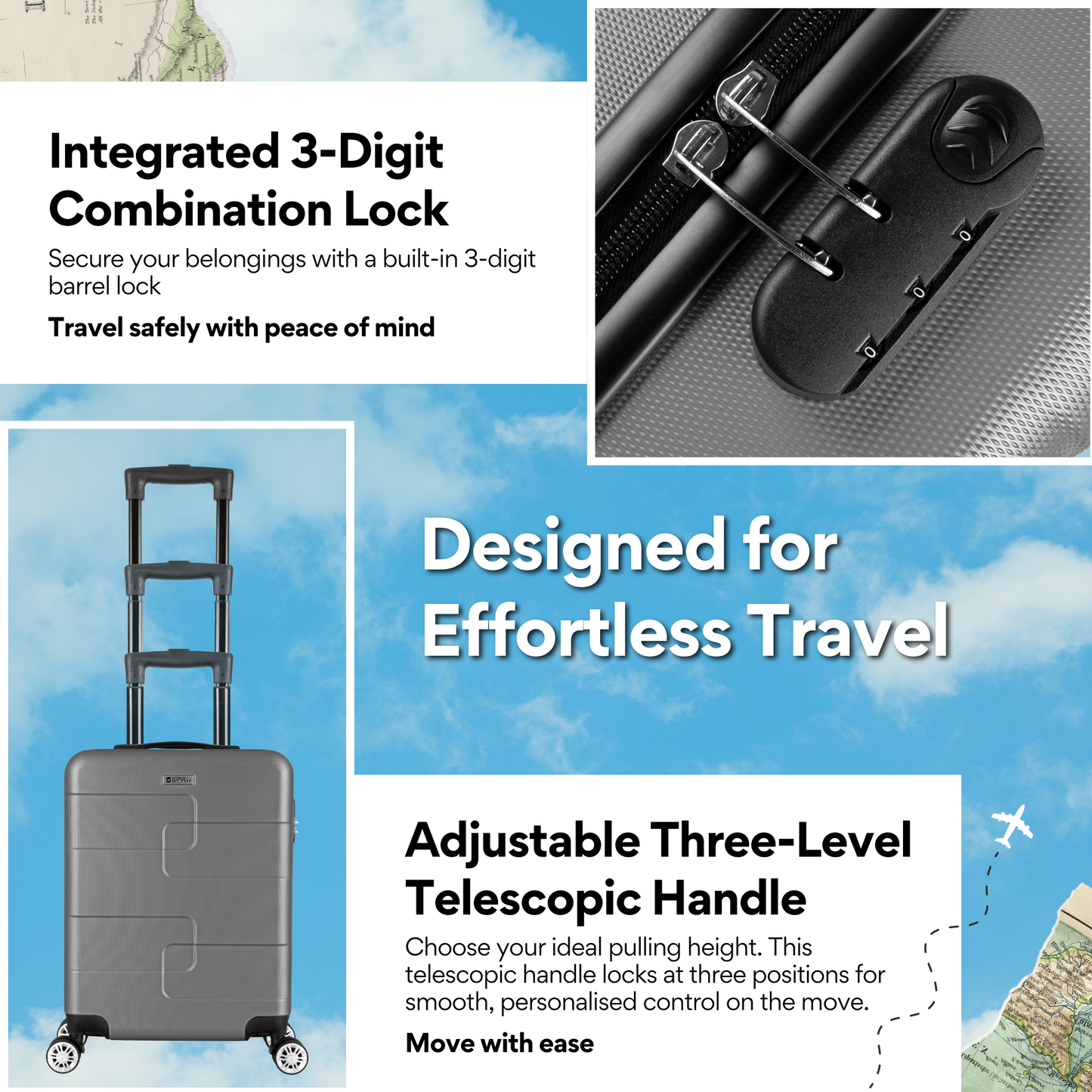 WORLD EXPLORER Cabin Suitcase | ABS Hard Shell with 360° Spinner Wheels & Com-bination Lock | Lightweight Cabin Luggage and Suitcase 34L – Ryanair Priority Size Travel Bag - Dark Grey, 55x40x20 CM