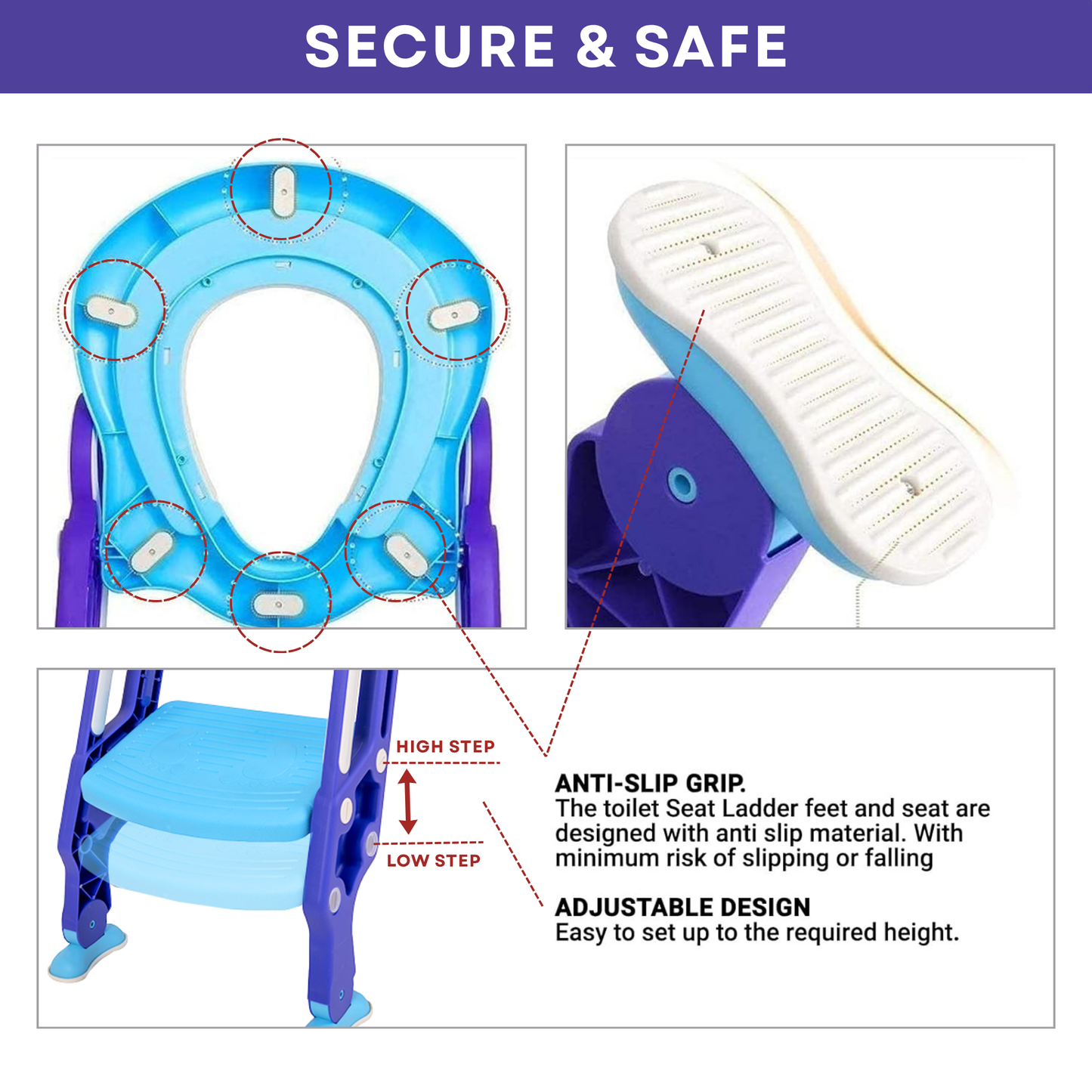Straame Toddler Toilet Ladder Seat - Adjustable Potty-Training Seat, Soft Cushion Seat and Anti-Slip Steps Design - Easy to Install Portable Children Potty Training Chair (Blue-Purple)
