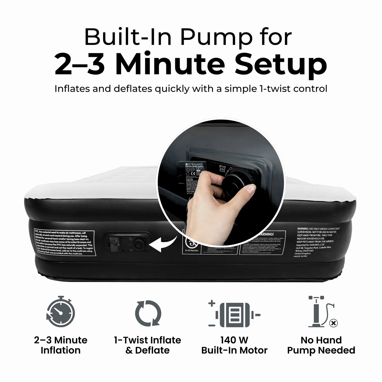 Straame King Size Airbed with Built-in Pump, Inflatable Mattress 203 x 157 x 47 cm, Blow Up Mattress Guest Bed, Self Inflating Camping Mattress with Carry Bag for Home Travel Sleepovers Guests Indoo
