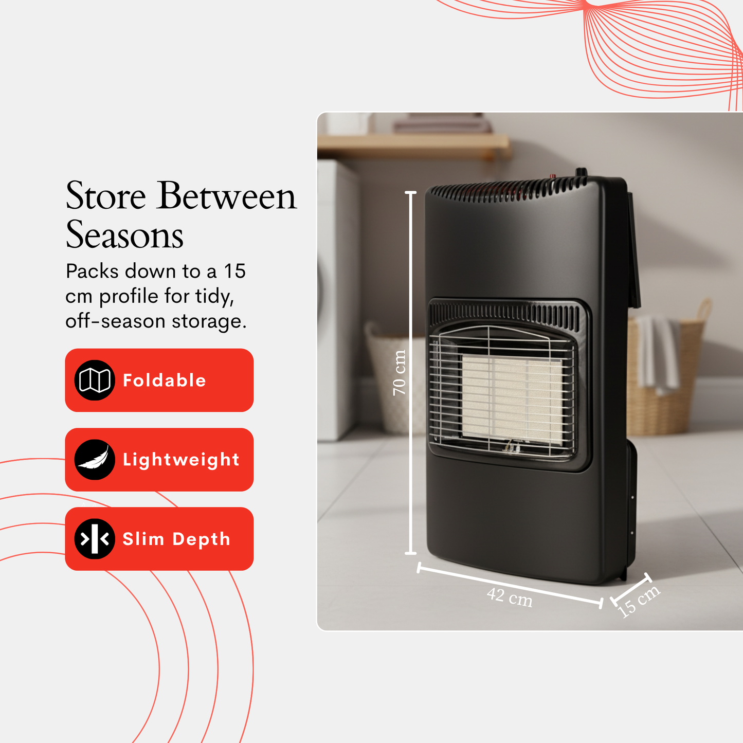 Straame Mobile Gas Heater 4.2kW – Foldable Indoor Butane Heater with 3 Heat Settings, Push-Button Ignition, ODS & Anti-Tilt Safety – Fits 13/15kg Cylinder, Regulator & Hose Included, with Castors