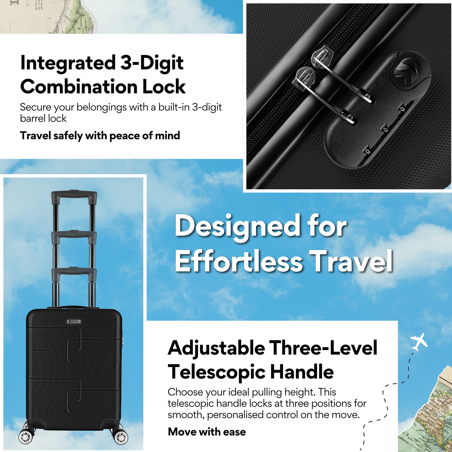 WORLD EXPLORER Cabin Suitcase | ABS Hard Shell with 360° Spinner Wheels & Com-bination Lock | Lightweight Cabin Luggage and Suitcase 34L – Ryanair Priority Size Travel Bag - Black 55x40x20 CM