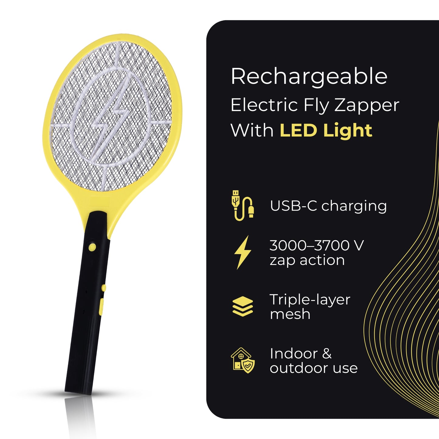 Straame Rechargeable Electric Fly Swatter & Fly Zapper, USB-C Charging, COB LED Light and 3000–3700 V Triple Mesh, Bug Zapper Racket Fly Catcher for Home, Garden, Indoor & Outdoor Use Mosquito Killer
