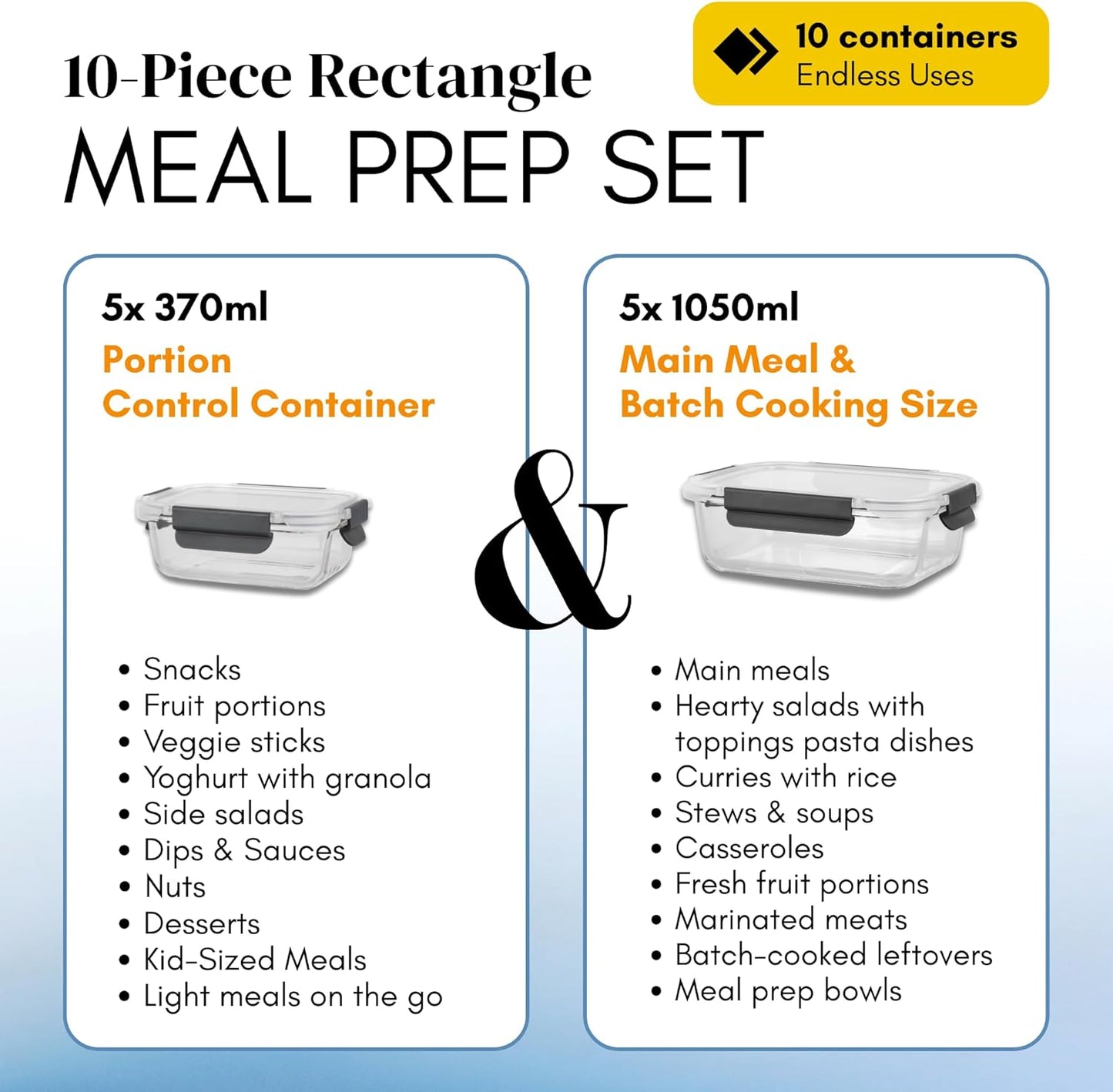 Straame Glass Meal Prep Containers with Airtight Lids – 10-Pack (5×1050ml + 5×370ml) – Reusable Glass Food Storage Containers – Leakproof, Freezer, Oven, Microwave & Dishwasher Safe (Rectangular)