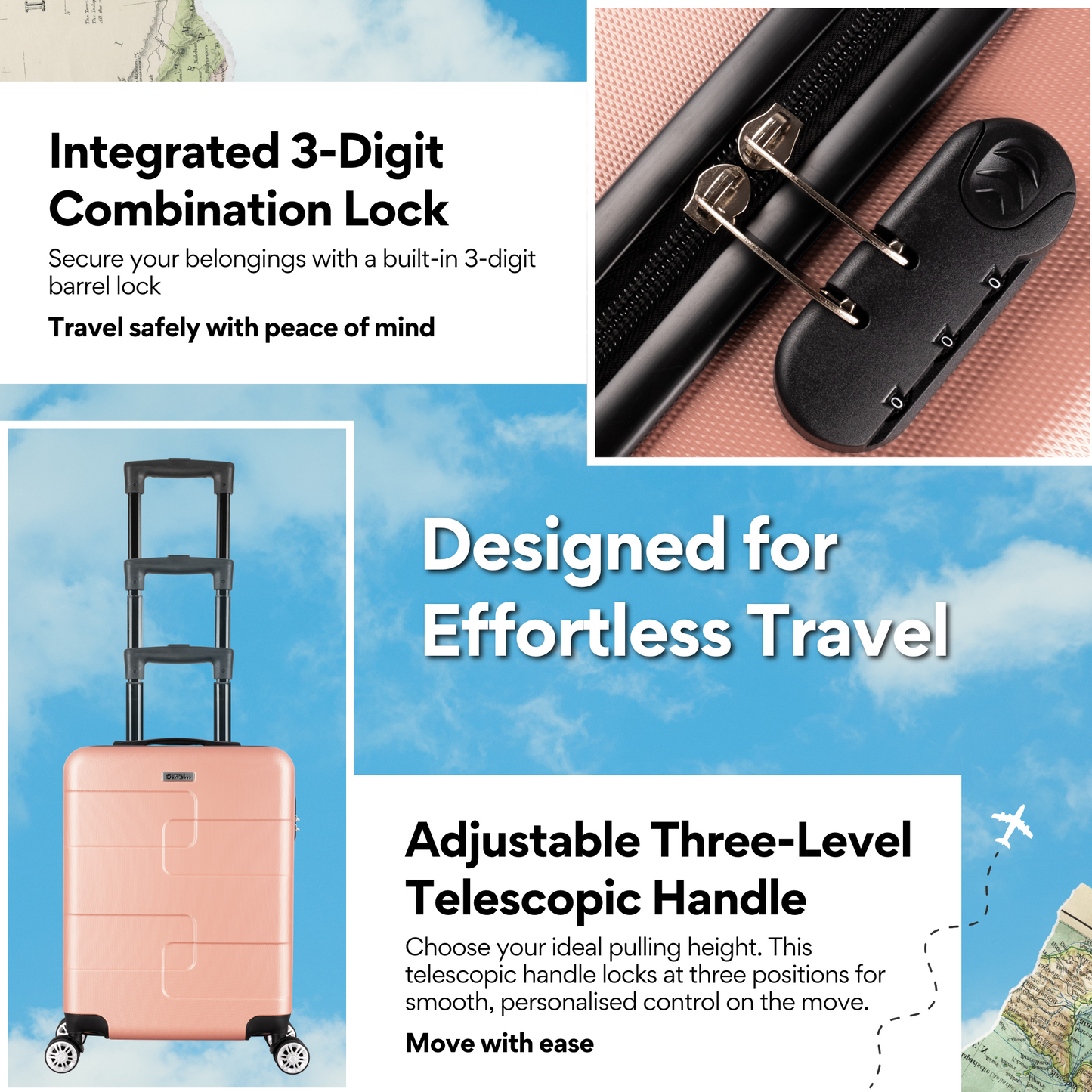 WORLD EXPLORER Cabin Suitcase | ABS Hard Shell with 360° Spinner Wheels & Com-bination Lock | Lightweight Cabin Luggage and Suitcase 34L – Ryanair Priority Size Travel Bag - Rose Gold, 55x40x20 CM