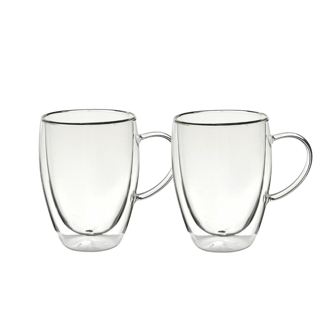 Straame Set of Coffee Glasses, Temperature Resistant Coffee Cups, Stylish Tea and Coffee Pack of Clear Coffee Mugs with Square Handle (350 ml Double wallled 2PK)