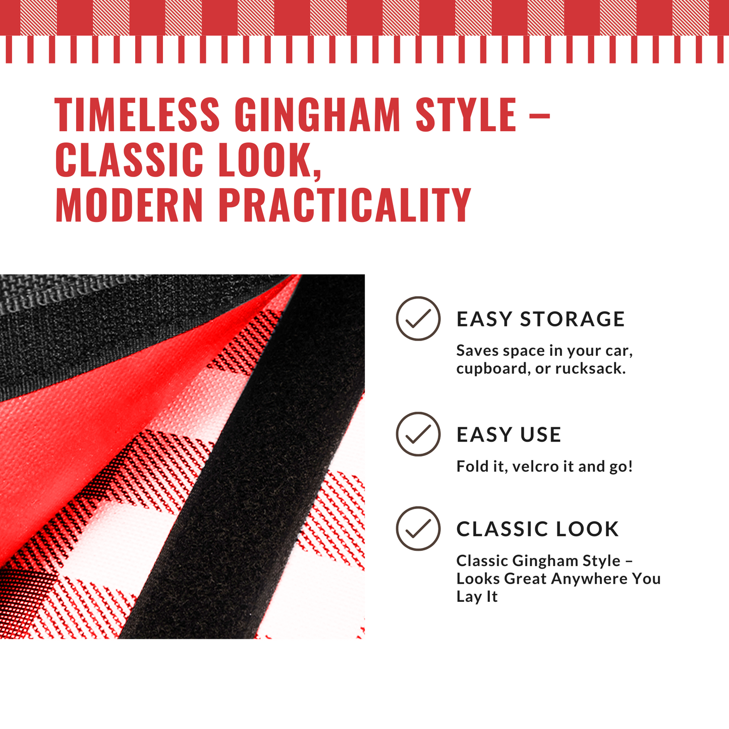 Straame Waterproof Picnic Blanket – Large 200x140cm Foldable Outdoor Blanket with Carry Handle – Ideal for Camping, Beach, Garden & Festivals – Timeless Gingham Design (Red)