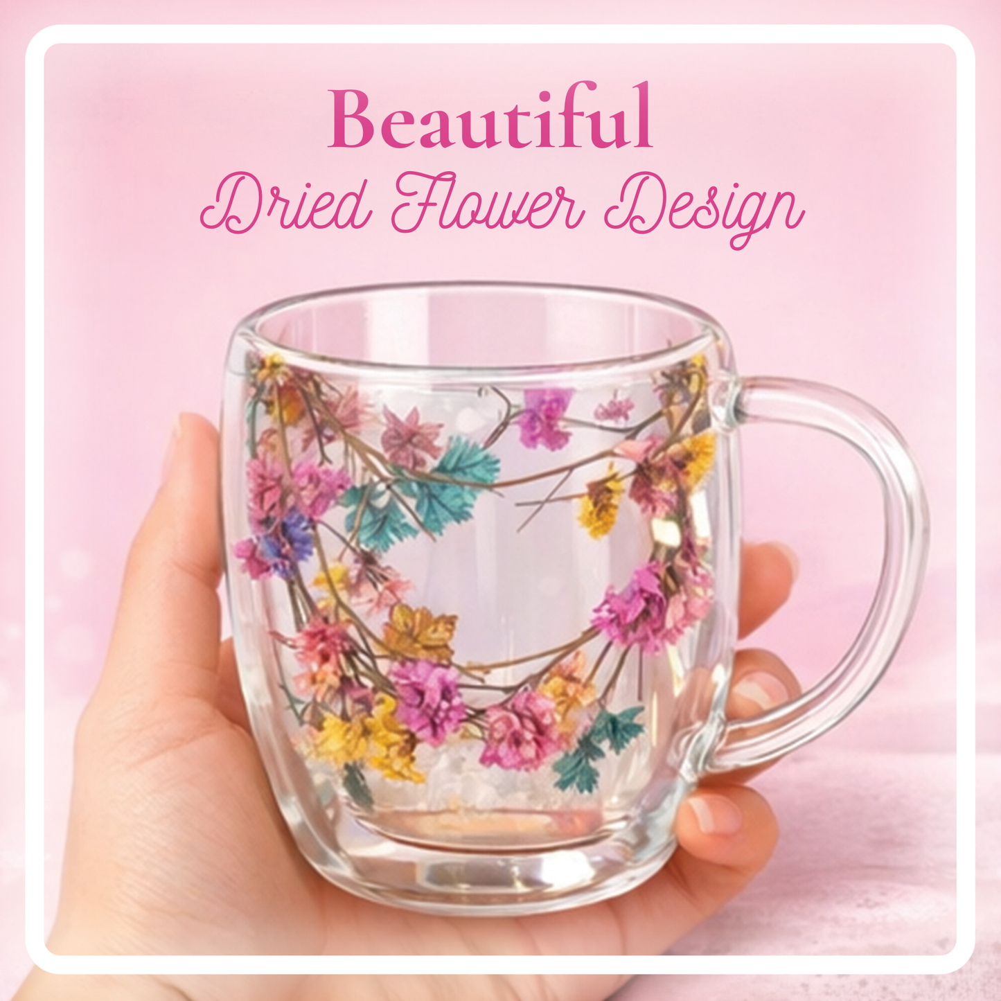 Straame Dried Flower Glass Coffee Mugs Pack of 2, 350 ml Floral Double Walled Glass Mugs with Handle, Double Wall Glass Tea Cups, Insulated Flower Mug, Double Walled Coffee Mug for Hot & Cold Drinks