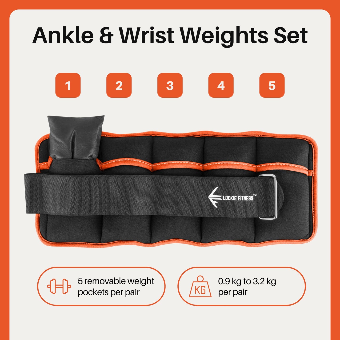 Lockie Fitness Ankle Weights & Wrist Weights Pair, Adjustable 0.9-3.2 kg, Neoprene Ankle Weights Women, Men & Kids, Pilates Weights, Leg Weights, Weights for Walking, Jogging & Home Workouts (Orange)