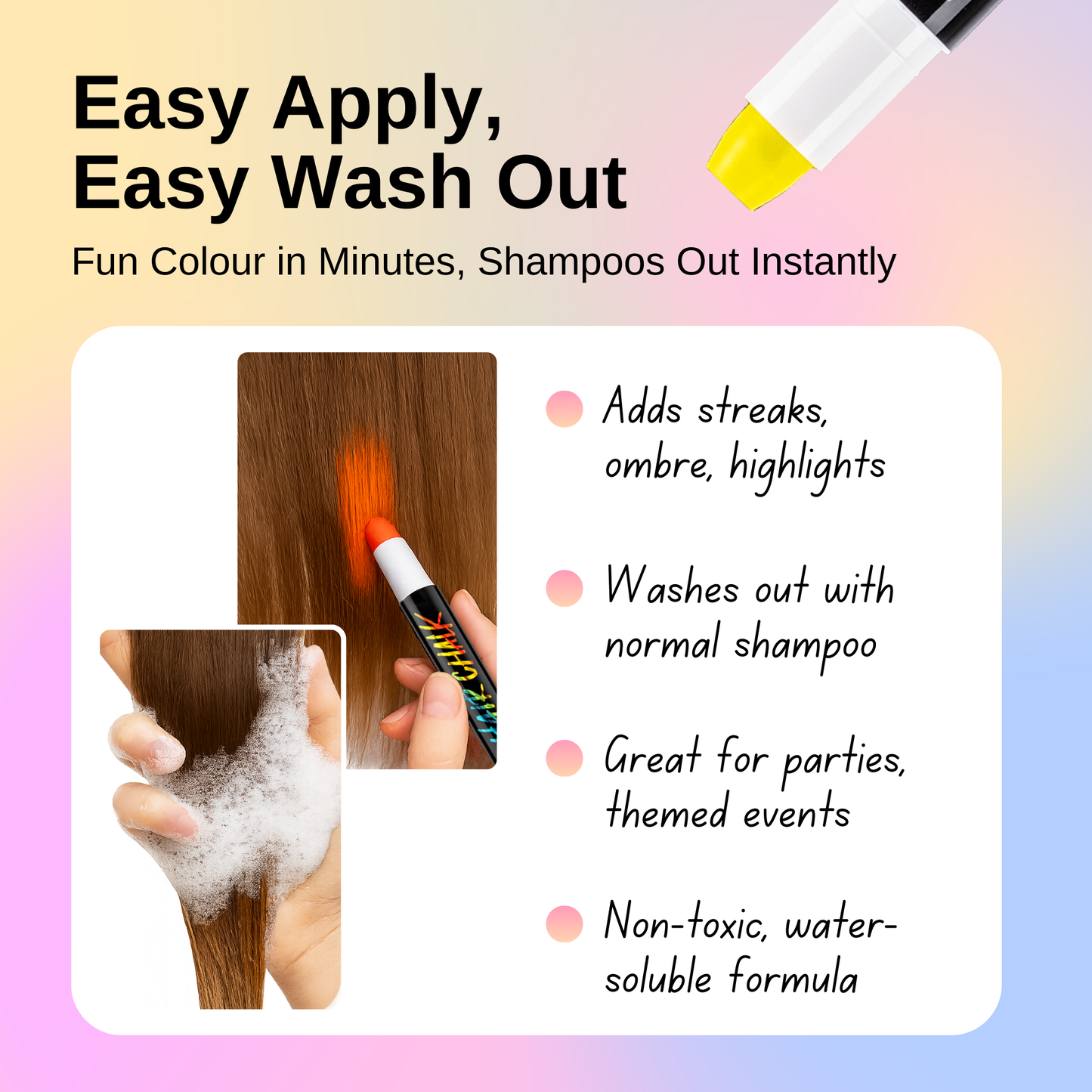 Straame Washable Hair Chalk Set (10 Colours) — Twist-Up Chalk Pens, Easy Apply, Shampoo Rinse-Off Temporary Hair Dye for kids, teens & adults | Fun Streaks for Parties, Birthdays & School Dress-Up