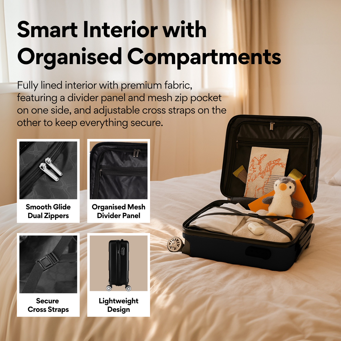 WORLD EXPLORER Cabin Suitcase | ABS Hard Shell with 360° Spinner Wheels & Com-bination Lock | Lightweight Cabin Luggage and Suitcase 34L – Ryanair Priority Size Travel Bag - Black 55x40x20 CM