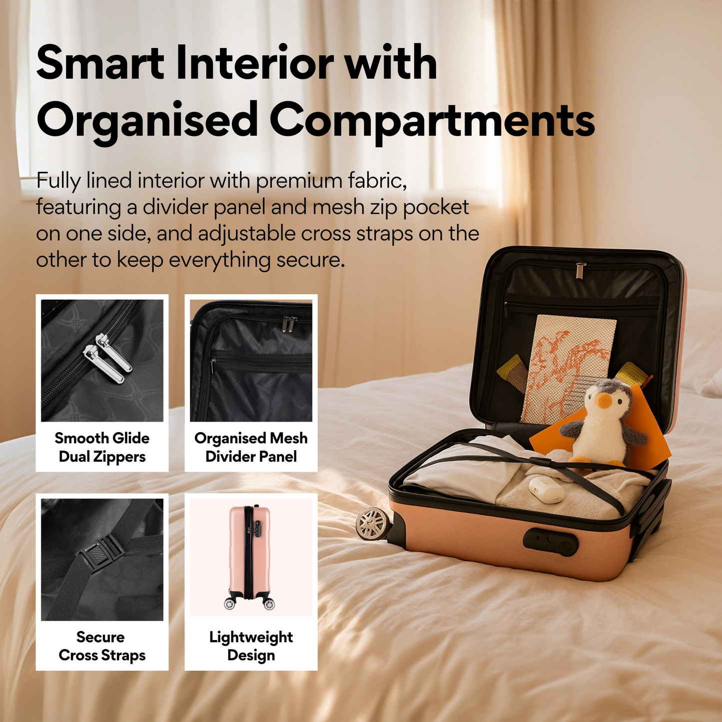 WORLD EXPLORER Cabin Suitcase | ABS Hard Shell with 360° Spinner Wheels & Com-bination Lock | Lightweight Cabin Luggage and Suitcase 34L – Ryanair Priority Size Travel Bag - Rose Gold, 55x40x20 CM