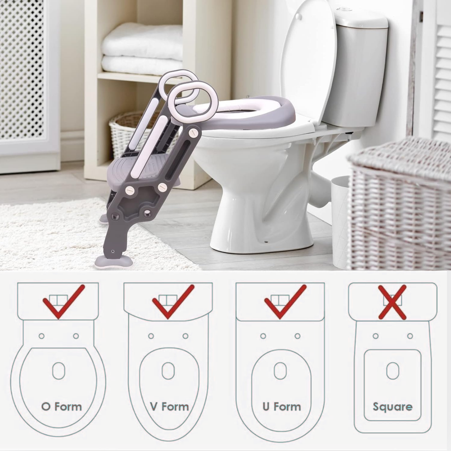 Straame Toddler Toilet Ladder Seat - Adjustable Potty-Training Seat, Soft Cushion Seat and Anti-Slip Steps Design - Easy to Install Portable Children Potty Training Chair (Grey-White)