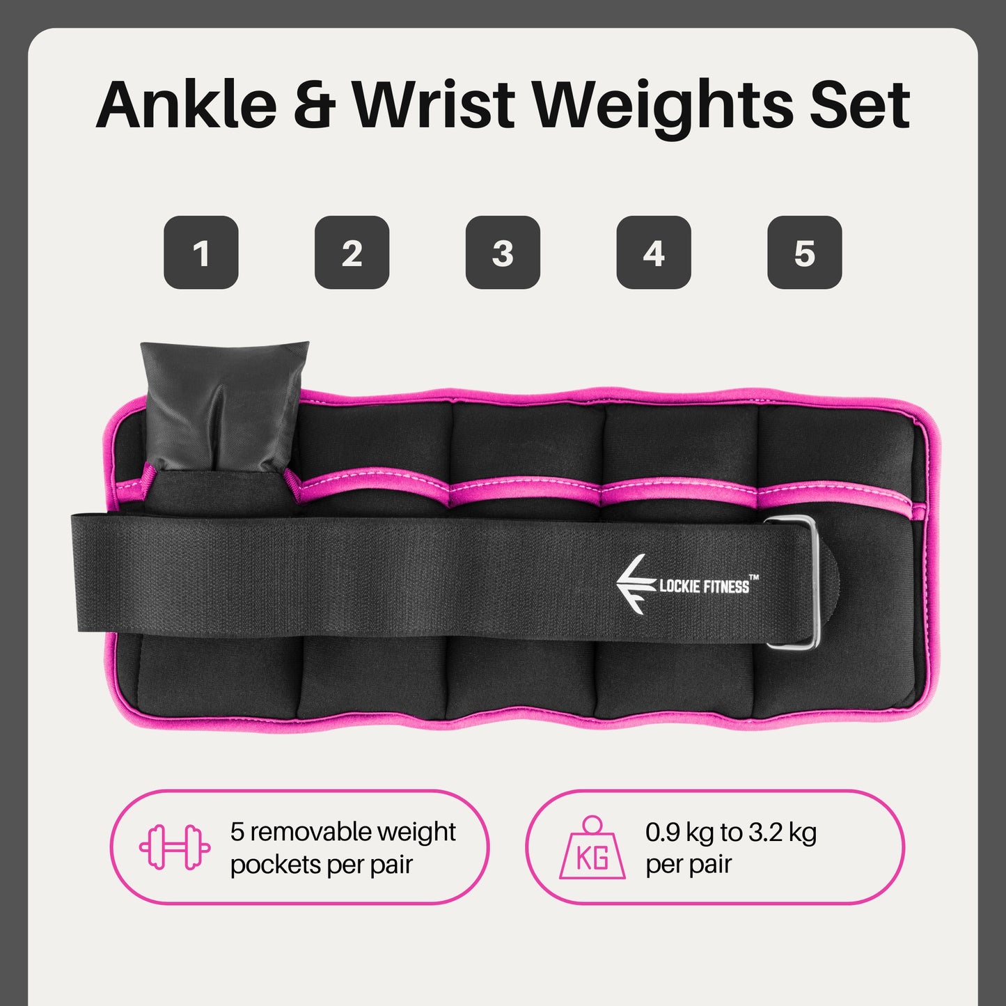 Lockie Fitness Ankle Weights & Wrist Weights Pair, Adjustable 0.9-3.2 kg, Neoprene Ankle Weights Women, Men & Kids, Pilates Weights, Leg Weights, Weights for Walking, Jogging & Home Workouts (Pink)