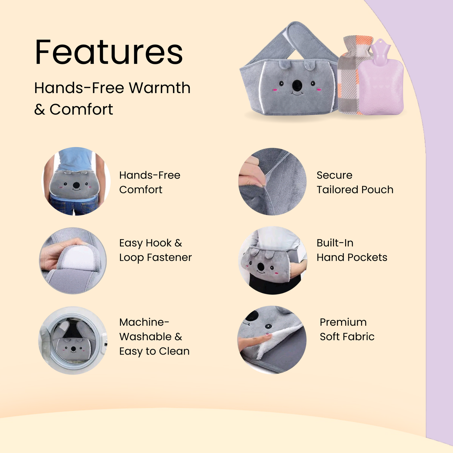 Straame Adjustable Wearable Hot Water Bottle Belt – 1L, 65 inches (165 cm) – Cozy Koala for Period Cramps, Back, Neck & More – Hands-Free Pain Relief – Included Hot Water Bottle, Belt & Cover (Purple)