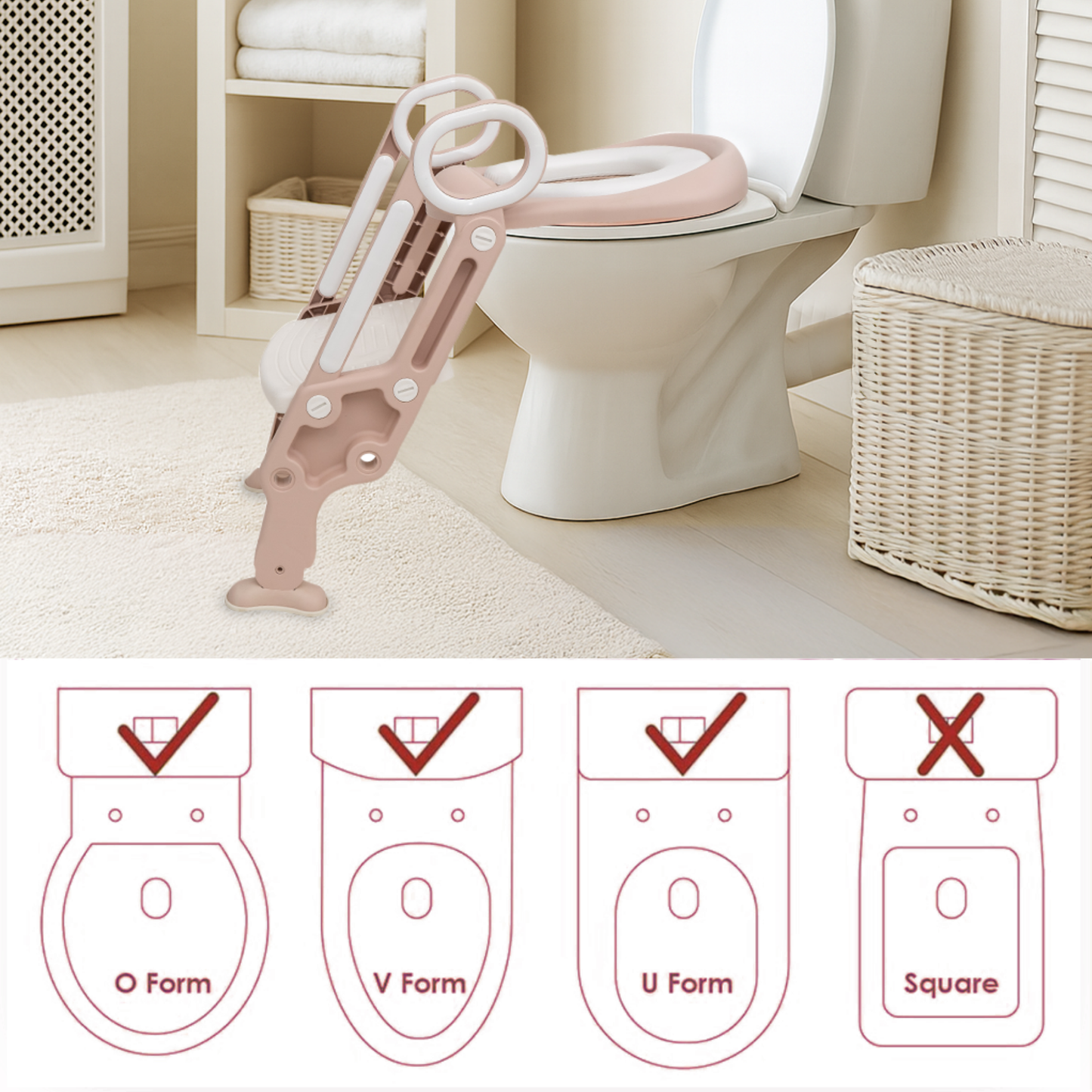 Straame Toddler Toilet Ladder Seat - Adjustable Potty-Training Seat, Soft Cushion Seat and Anti-Slip Steps Design - Easy to Install Portable Children Potty Training Chair (White-Pink)