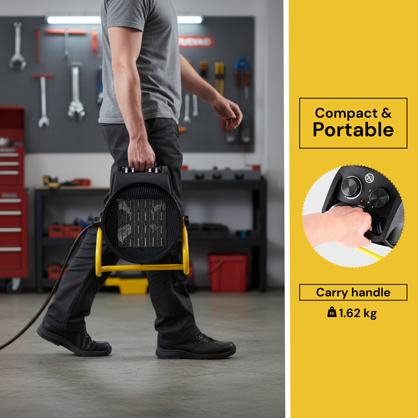 Straame 3kW Industrial Convection Fan Heater, Portable Plug In Electric Space Heater for Garages & Sheds, 1500/3000W + Fan-Only, Adjustable Thermostat, Overheat Protection, Black/Yellow