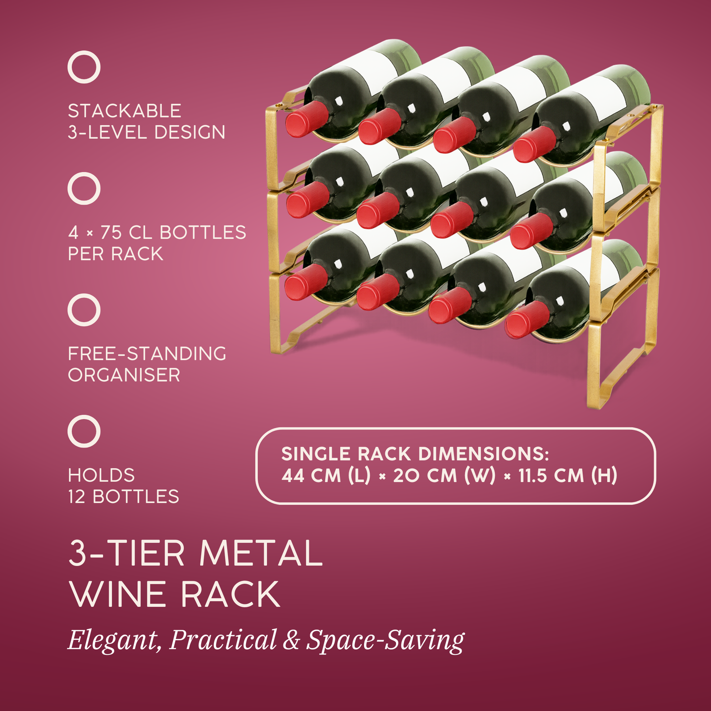 Straame 3 Tier Metal Wine Rack – Stackable Bottle Rack for Wine Storage – Wine Racks Free Standing Organiser for Countertop, Shelf or Cupboard – Modular Wire Rack Holder – Modern Design (Gold)
