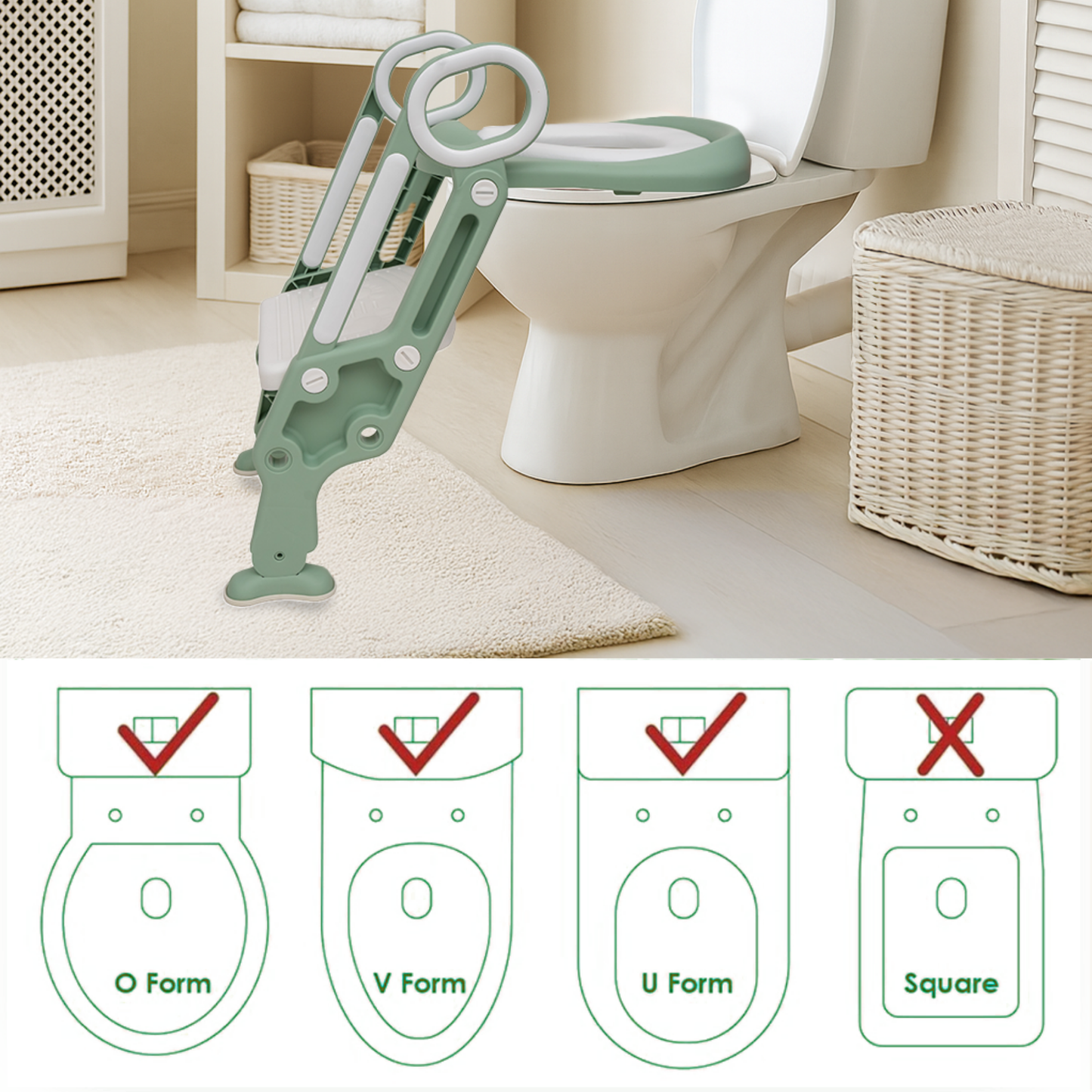Straame Toddler Toilet Ladder Seat - Adjustable Potty-Training Seat, Soft Cushion Seat and Anti-Slip Steps Design - Easy to Install Portable Children Potty Training Chair (Green-White)