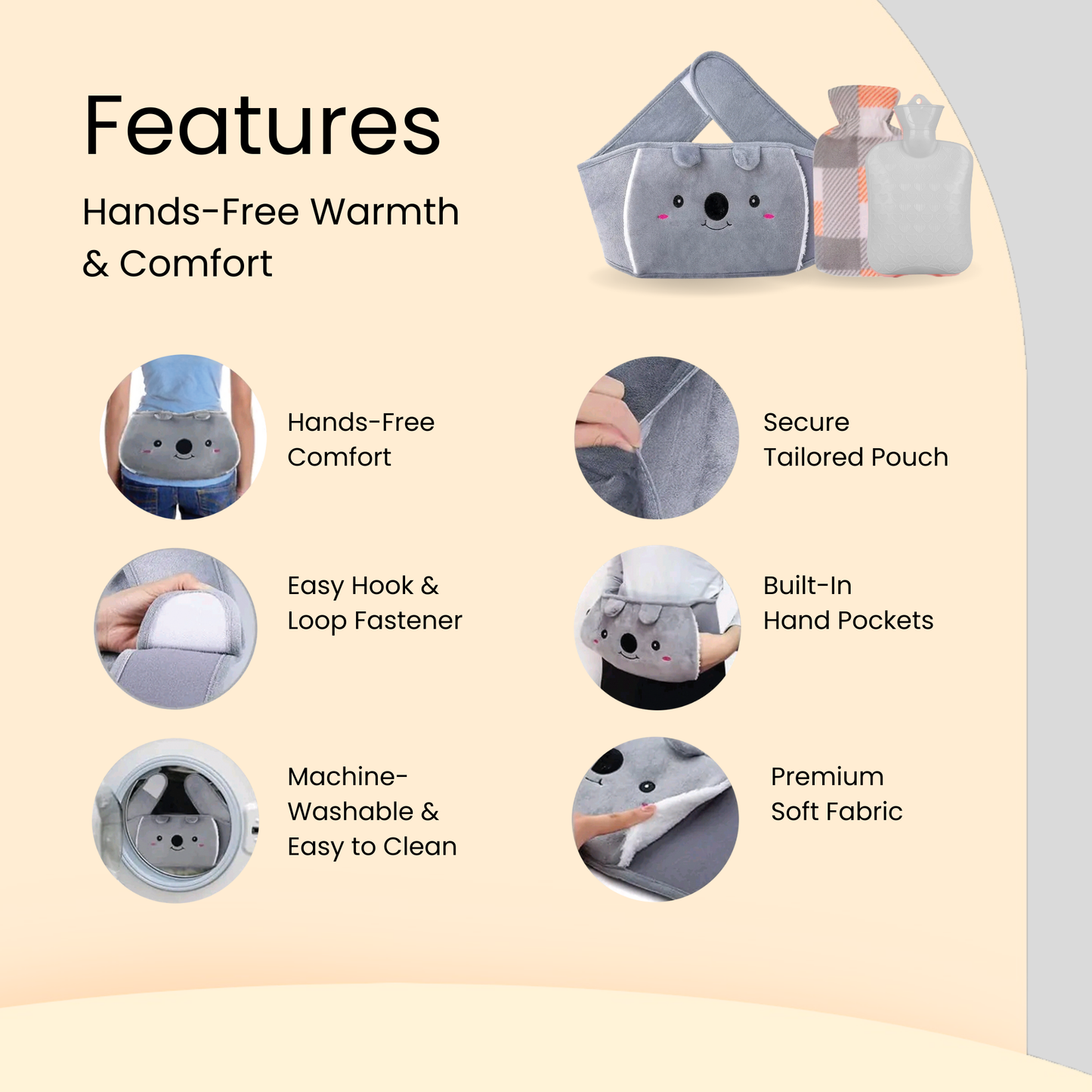 Straame Adjustable Wearable Hot Water Bottle Belt – 1L, 65 inches (165 cm) – Cozy Koala for Period Cramps, Back, Neck & More – Hands-Free Pain Relief – Included Hot Water Bottle, Belt & Cover (Grey)