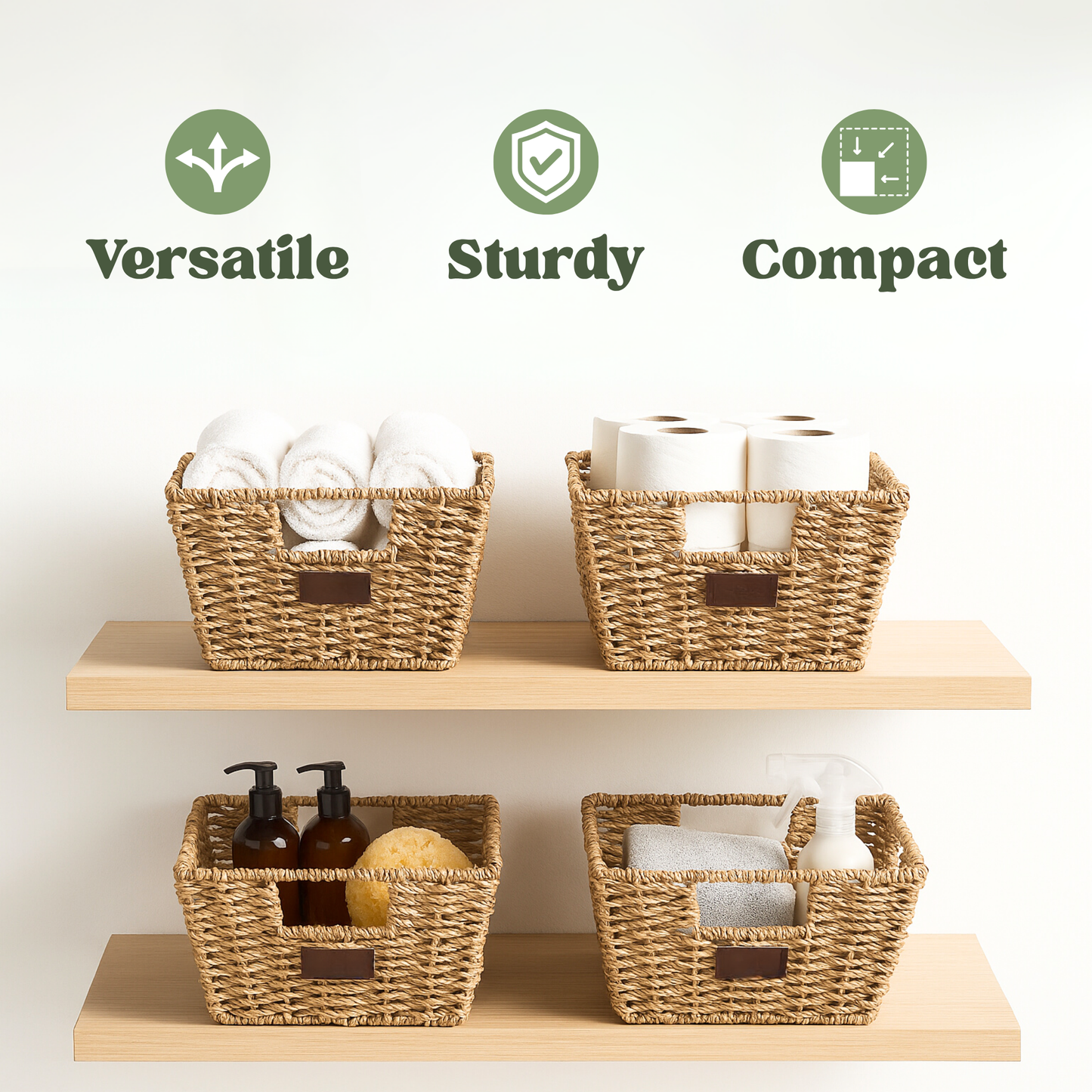 Straame Seagrass Storage Baskets Set of 4 - Handwoven Wicker Organisers with Handles, Steel-Reinforced Frame, Nesting Design - 30 x 22 x 15 cm, Natural seagrass material for Shelves, Bathroom and Home