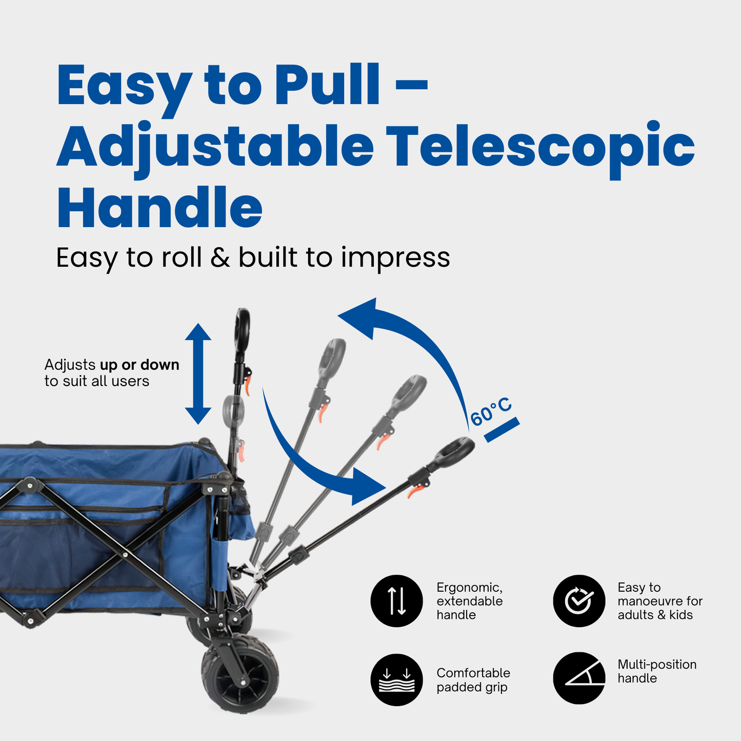 Straame Foldable Trolley Cart – 135L, 100kg Capacity Pull-Along Camping Wagon for Beach, Garden & Festivals – All-Terrain Festival Trolley with Adjustable Handle & 360° Swivel Wheels (Navy)