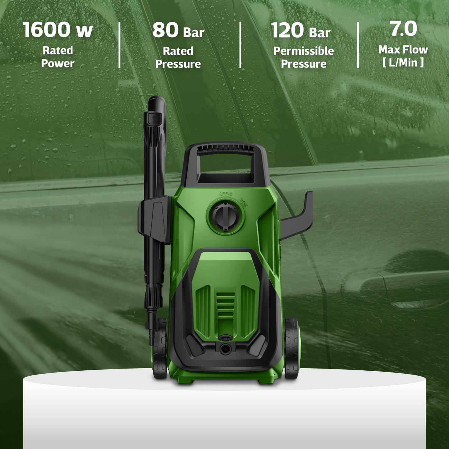 Straame Green 1600W Elite Pressure Washer, 120 Bar Max (80 Bar Rated), 7 L/min, 5 m Hose & Cable, Adjustable Spray Gun, Twist Nozzle, 250 ml Detergent Bottle & Car Brush for Patio, Car & Garden