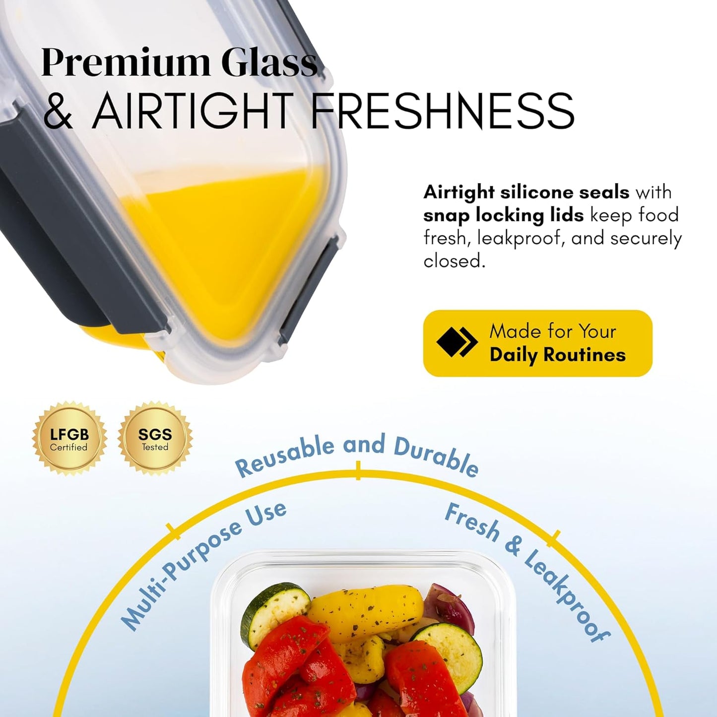 Straame Glass Meal Prep Containers with Airtight Lids – 10-Pack (5×1050ml + 5×370ml) – Reusable Glass Food Storage Containers – Leakproof, Freezer, Oven, Microwave & Dishwasher Safe (Rectangular)