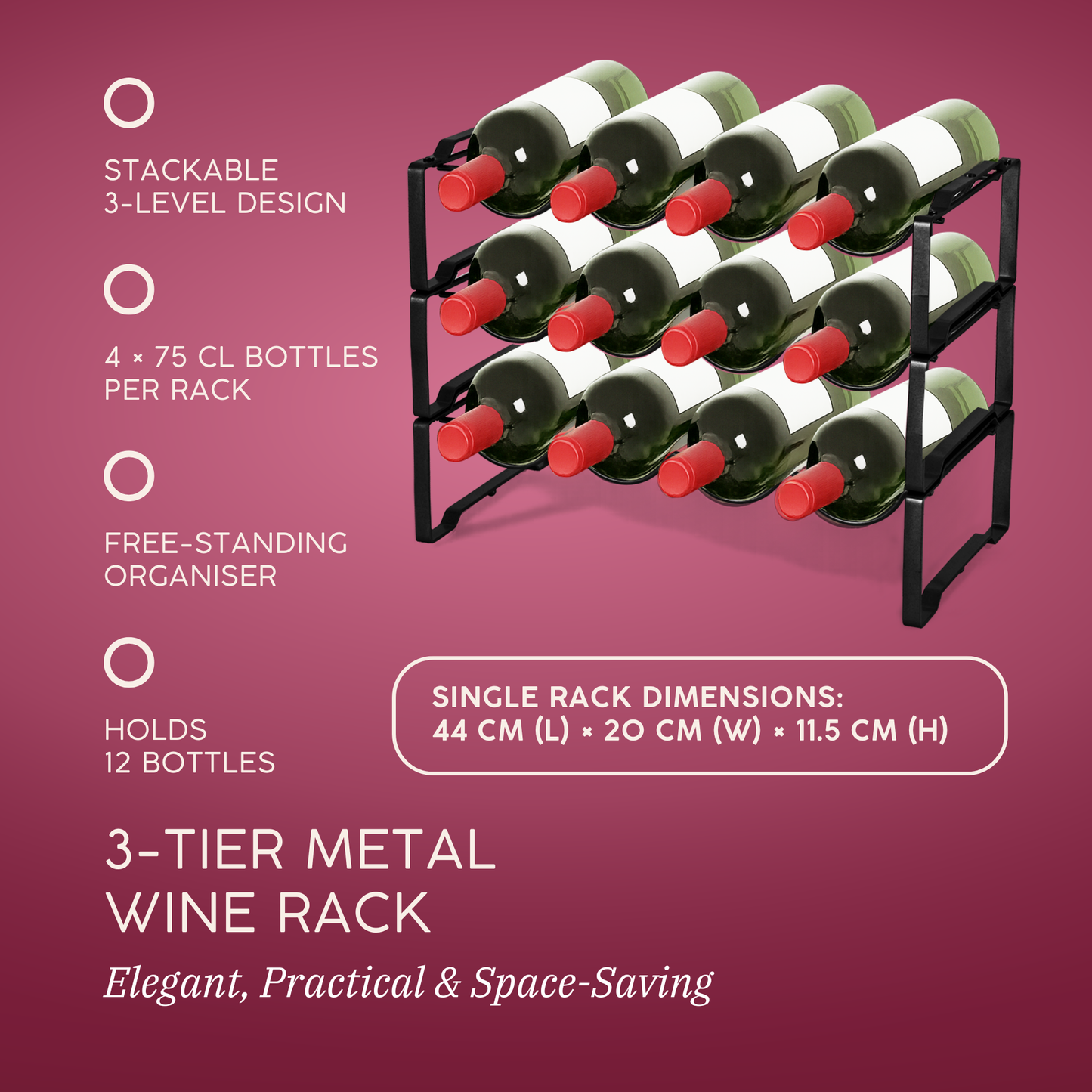 Straame 3 Tier Metal Wine Rack – Stackable Bottle Rack for Wine Storage – Wine Racks Free Standing Organiser for Countertop, Shelf or Cupboard – Modular Wire Rack Holder – Modern Design (Black)