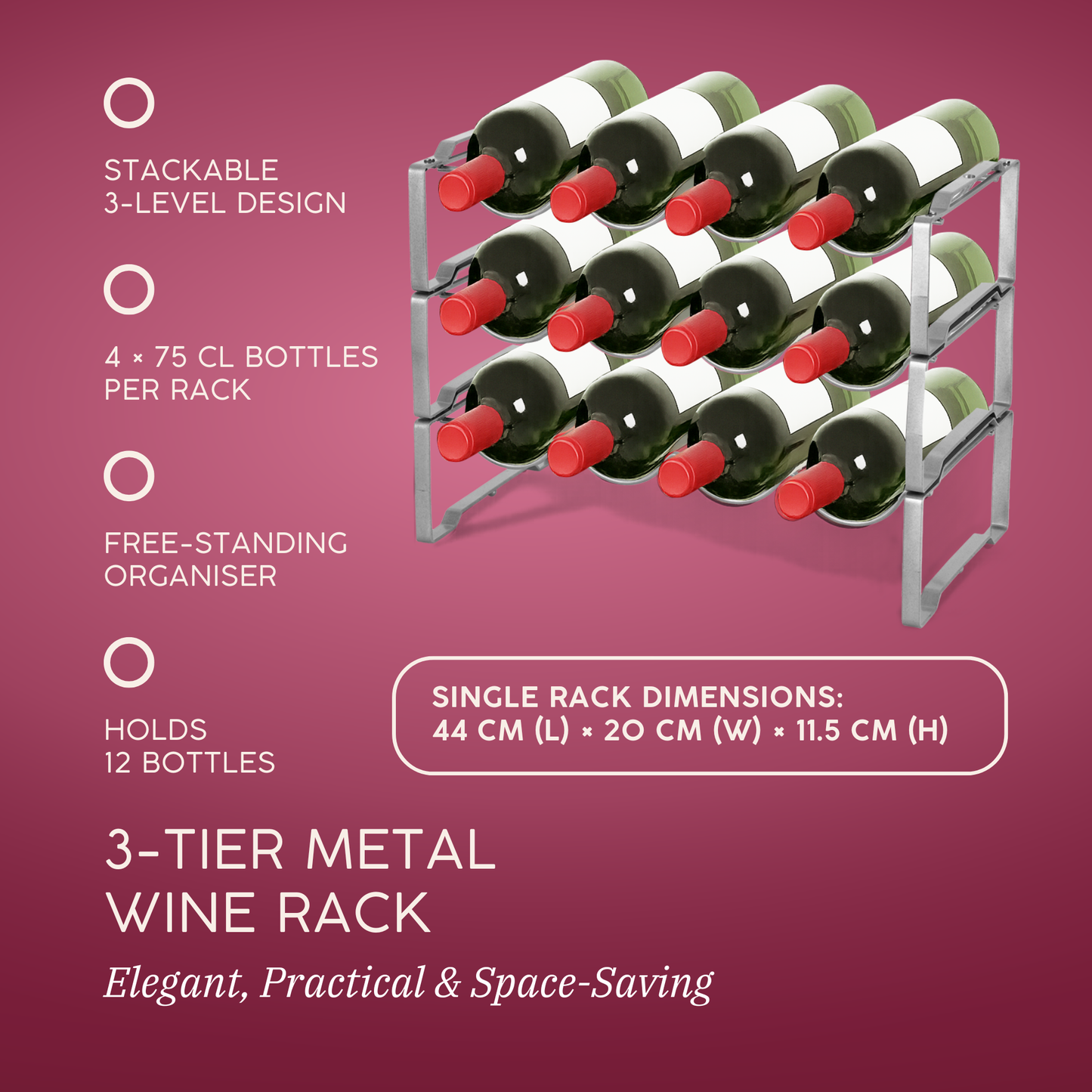 Straame 3 Tier Metal Wine Rack – Stackable Bottle Rack for Wine Storage – Wine Racks Free Standing Organiser for Countertop, Shelf or Cupboard – Modular Wire Rack Holder – Modern Design (Silver)